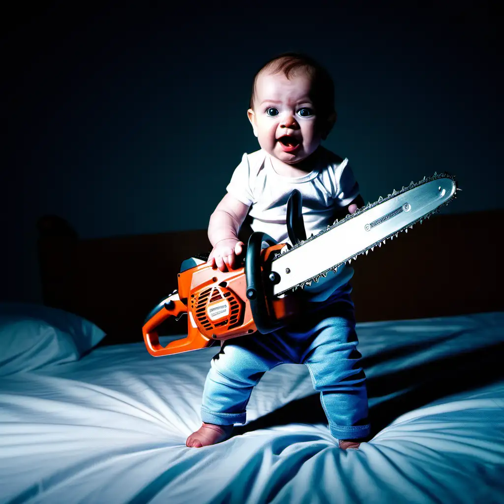 Adventurous Baby with Chainsaw on Nighttime Bed