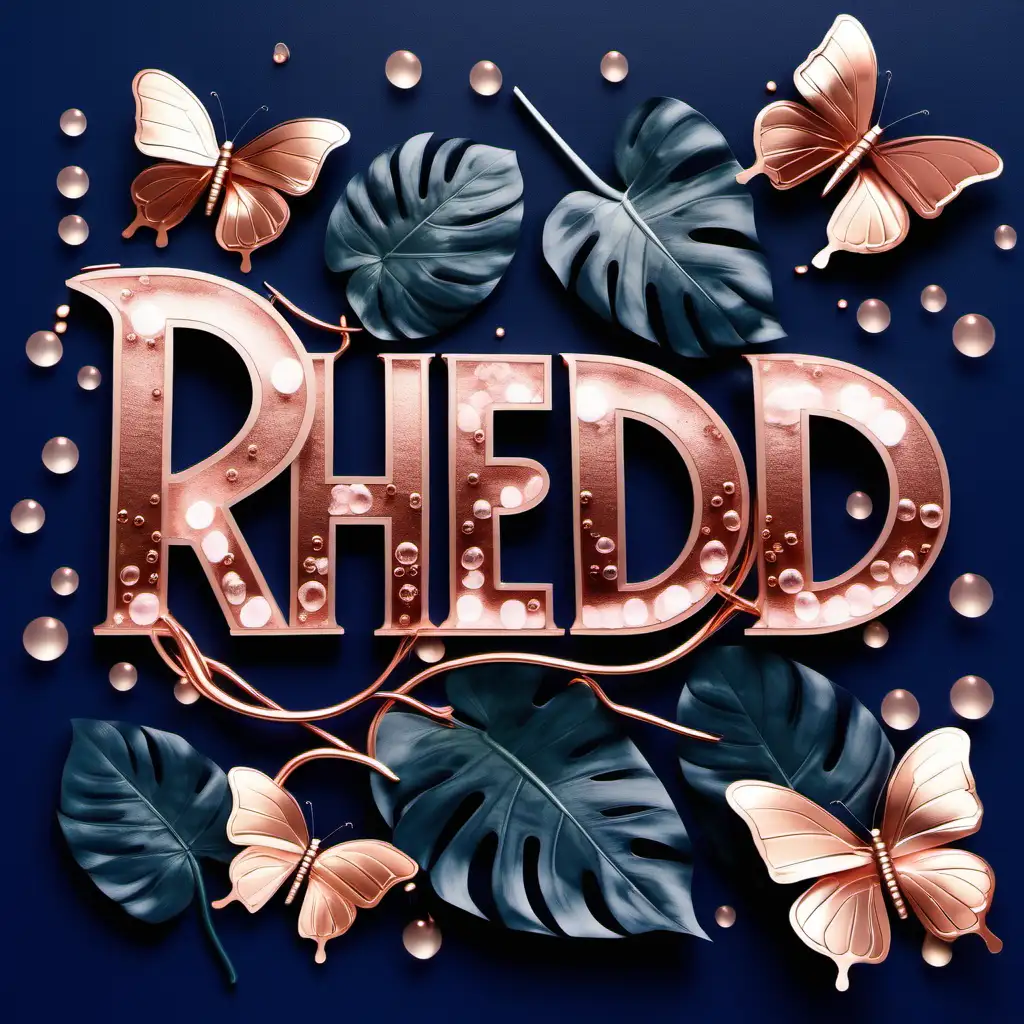 create an image of the name "Rhedd" with a navy blue smoke background. with intertwined colorful monstera plant's, rose gold butterflies and rose gold bubbles