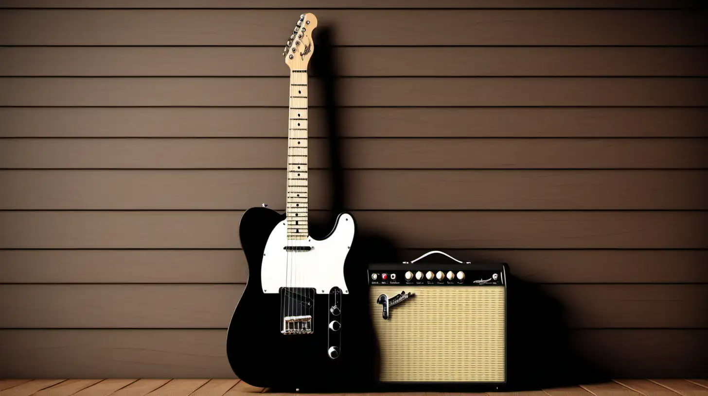 Realistic Black Fender Telecaster Against Wooden Wall with Cream Amplifier