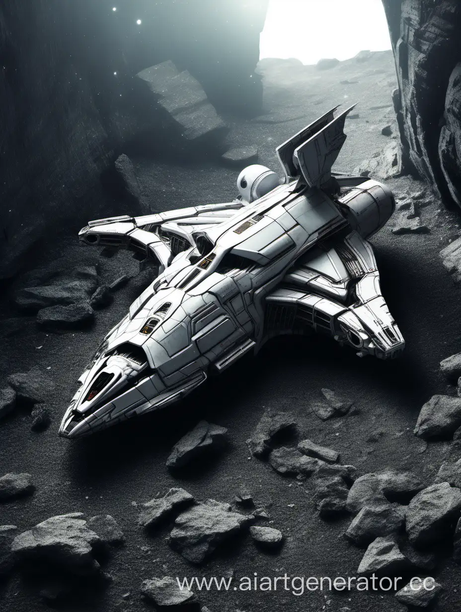 Crashed-Spaceship-with-Broken-Wing-Rests-on-Rocky-Terrain