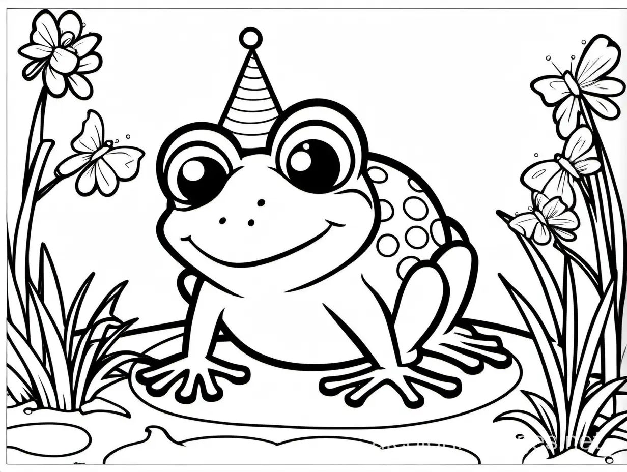 Frog-Themed-Birthday-Coloring-Page-Simple-Line-Art-for-Kids