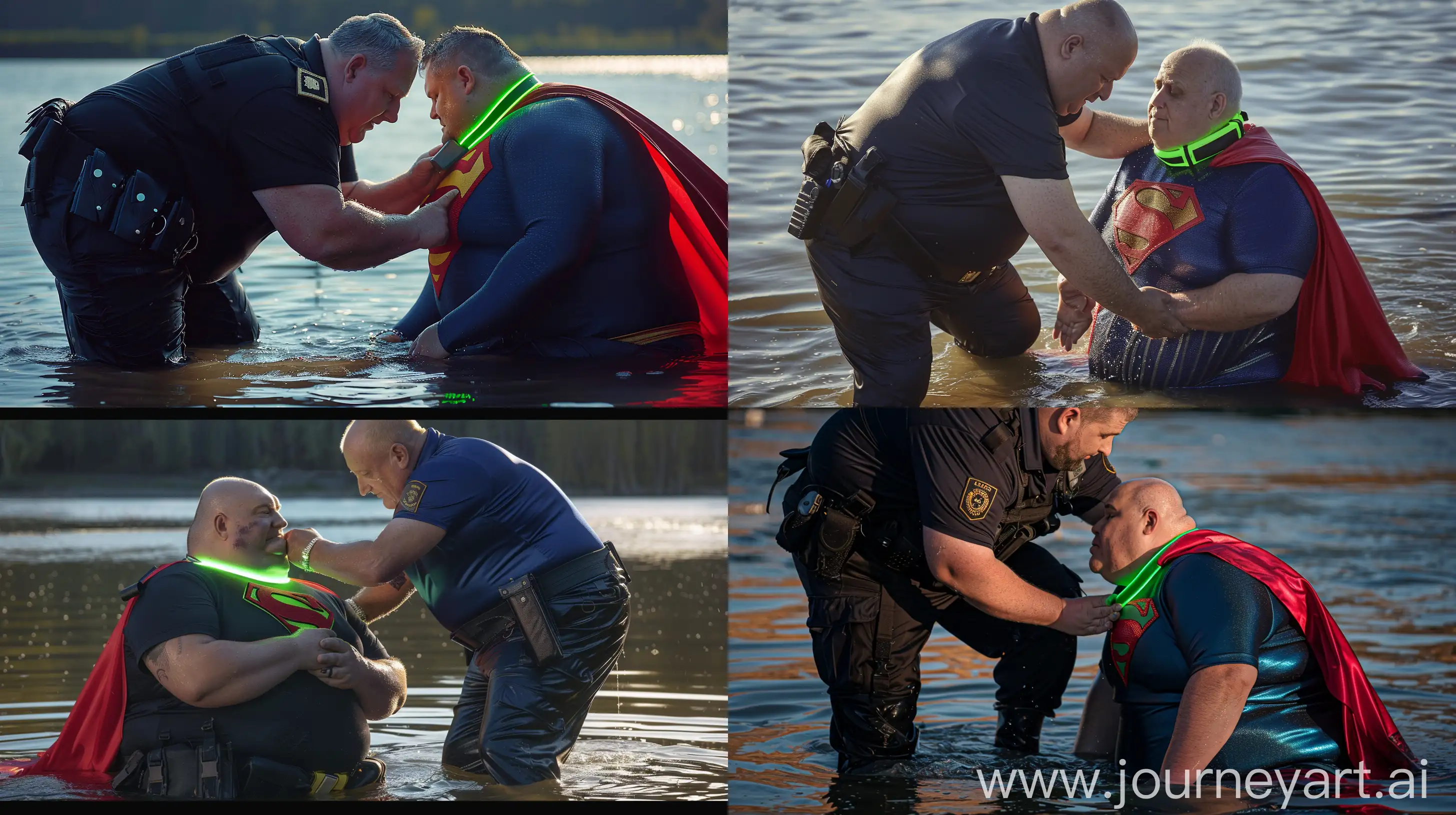 Close-up photo of a fat man aged 60 wearing a silk black security guard battle pants and a tucked in silk black sport polo. He is bending and putting a tight green glowing neon dog collar on the nape of a fat man aged 60 wearing a silk navy blue complete superman tight uniform with a large red cape sitting in the water. River --style raw --ar 16:9