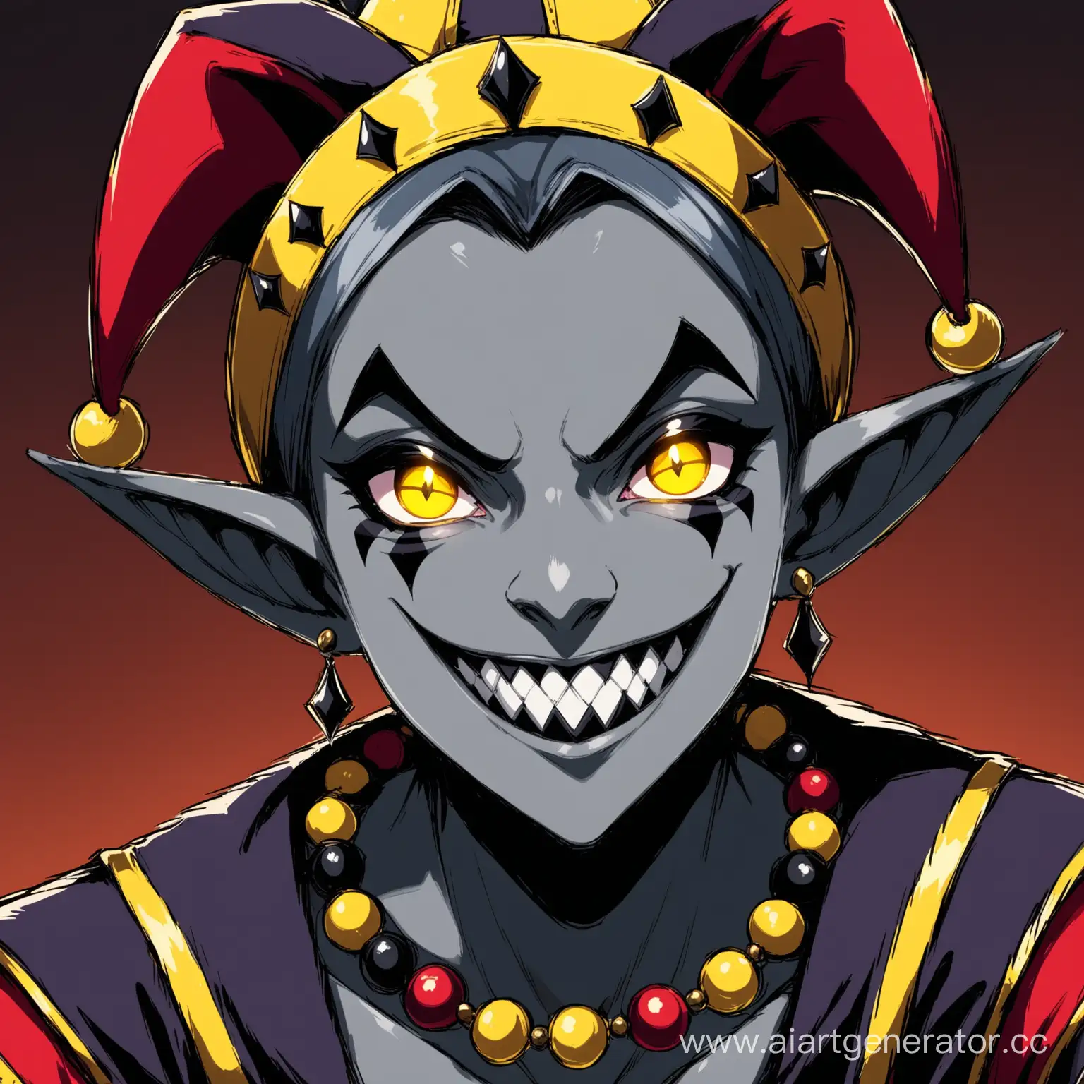 Draw an anime jester with gray skin, pointed ears, black eyes with yellow pupils, villain with crazy smile and glance