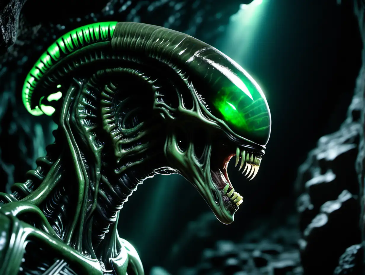Photorealistic, HD, closeup side view of the head of a xenomorph in a dark cave on an alien planet, a mysterious green glow in the cave