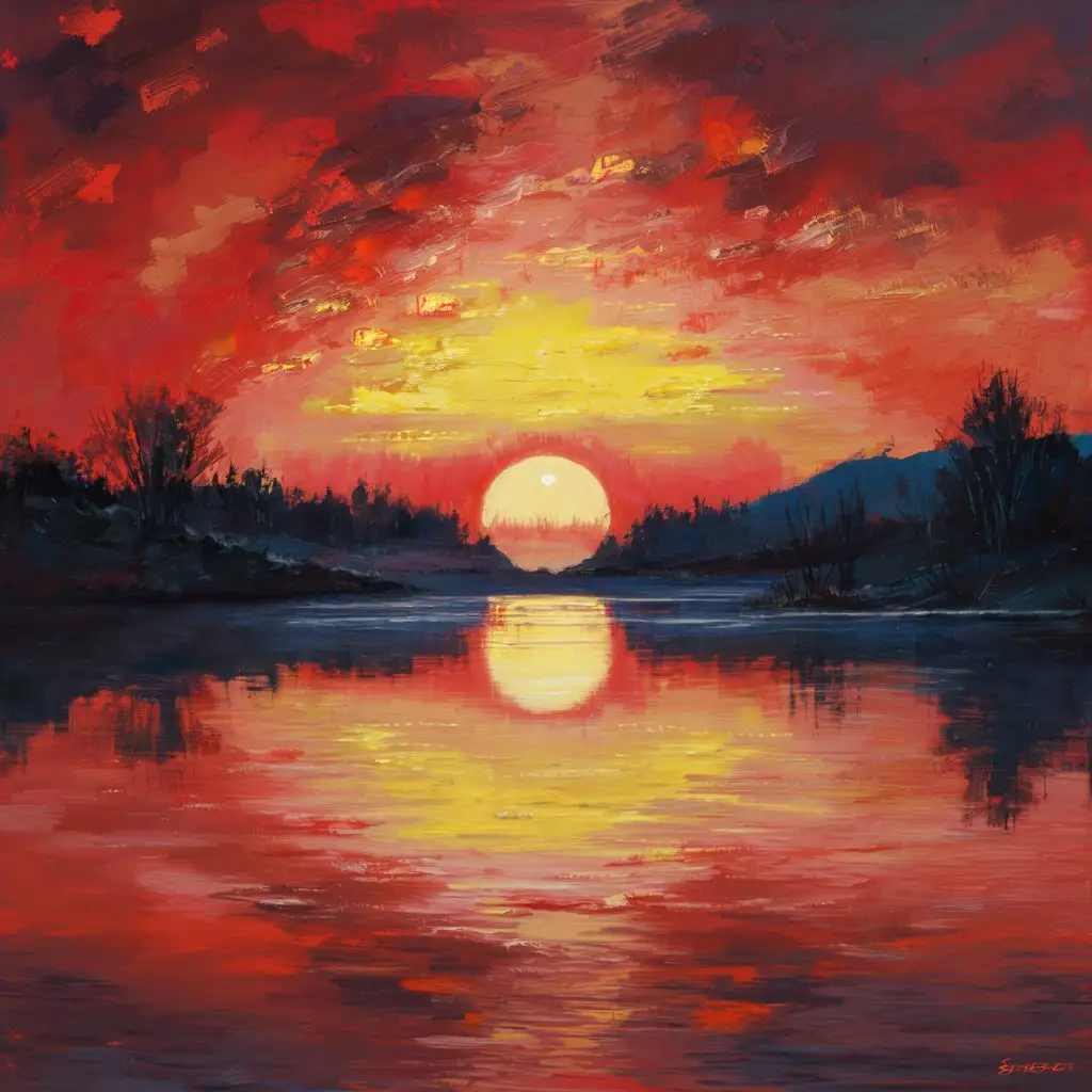 A vibrant sunset over a serene lake, ideal for calming wall art.