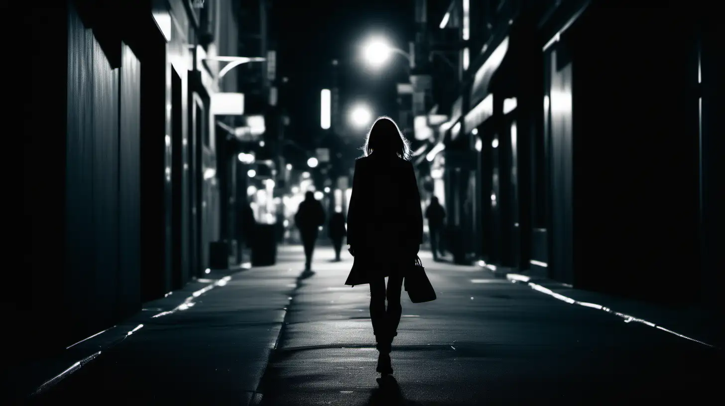 female silhouette walking alone through city streets at night, ambient, professional photography style