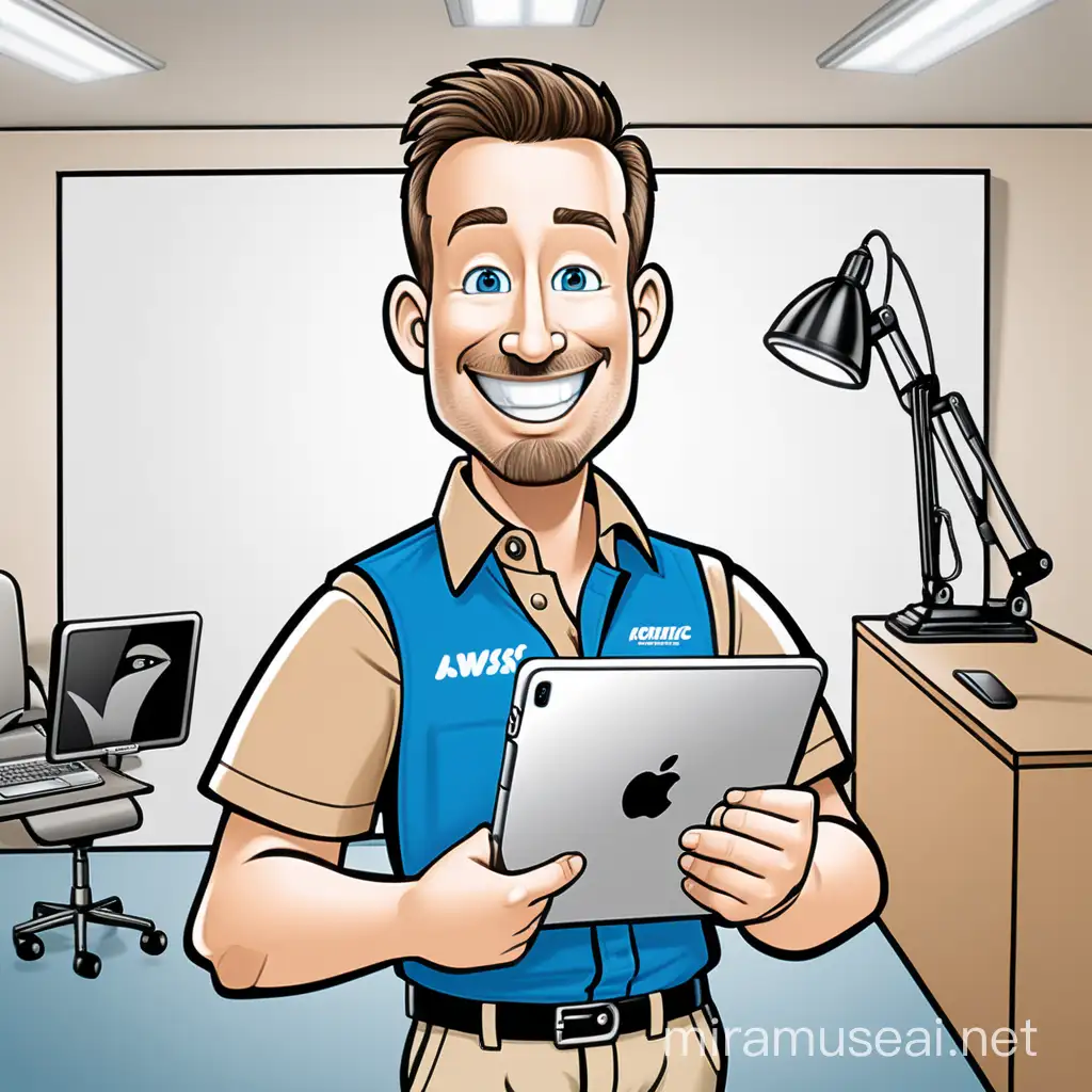 "Our cartoon mascot, a 35-year-old man, stands confidently facing forward, one hand casually leaning on a friendly fixture while the other holds an iPad. With a big smile and bright eyes, he exudes approachability and reliability, dressed in a vibrant blue collar shirt and beige pants. Against a simple backdrop, the addition of the iPad adds a modern touch, showcasing our mascot's adaptability. The fixture, whether a giant pencil or toolbox, maintains the playful charm of our logo."