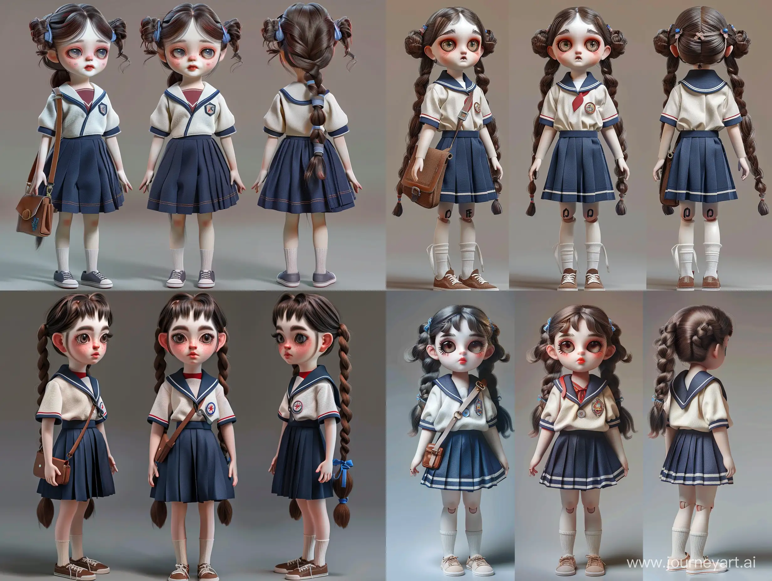 Create image of a three-dimensional, stylized, child-like doll character presented in three different poses showcasing front, three-quarter, and side profiles. The character exhibits exaggerated, large eyes, and a small mouth, reflecting typical features of East Asian animation-inspired aesthetics. It has pale skin and wears light makeup with blush and defined eyelashes. The character has long, dark brown hair styled into two braids with loose strands framing the face and secured with small, blue hair ties.   The character is dressed in a traditional school uniform consisting of a white blouse with a sailor-style collar edged in navy blue and a red neckerchief. The blouse has a chest patch on the left side. The character also wears a pleated, navy blue skirt that sits at mid-thigh length.   Accessories include a brown crossbody bag with noticeable buckles and straps, worn over the shoulder in the front and side profiles and hanging in the back in the three-quarter pose. The character is also adorned with what appears to be white crew socks and classic, white lace-up sneakers with dark soles and laces.   The background is a neutral, smooth gradient shifting subtly from grey at the bottom to a lighter shade at the top, drawing focus to the character and allowing for a clear view of the details. The lighting is soft and evenly diffused, casting subtle shadows and giving the character a soft, matte finish without harsh reflections.