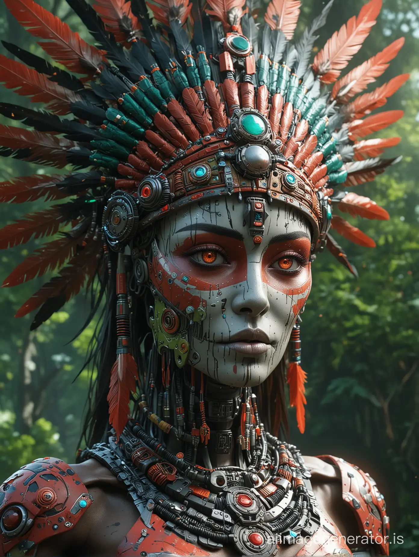 Mechanical woman with Painted skull, with Colorful Glass Red Indian Headdress, Alien God, Highly Detailed GG Illustration, High Accuracy, real anime 3D animation, digital graphics, sharp focus, perfect composition, ultra-high quality and clarity of the model, perfect play of light and shadow, 32k UHD, super detail, ((fit into frame)), complex artistic masterpiece, highly detailed details, crazy ultra-realistic, crazy photo is real, insanely high overall quality, insanely high overall detail, insanely high overall resolution, insanely high overall sharpness, insanely high overall texture quality, background green forest, neon ambiance, abstract black oil, gear mecha, detailed acrylic, grunge, intricate complexity, rendered in unreal engine, photorealistic