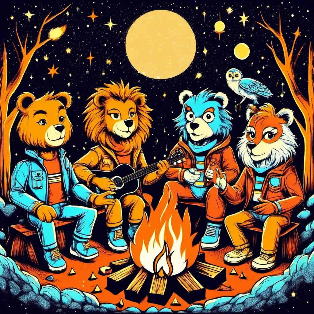 retro future lion bear owl wolf campfire sing along cosmic