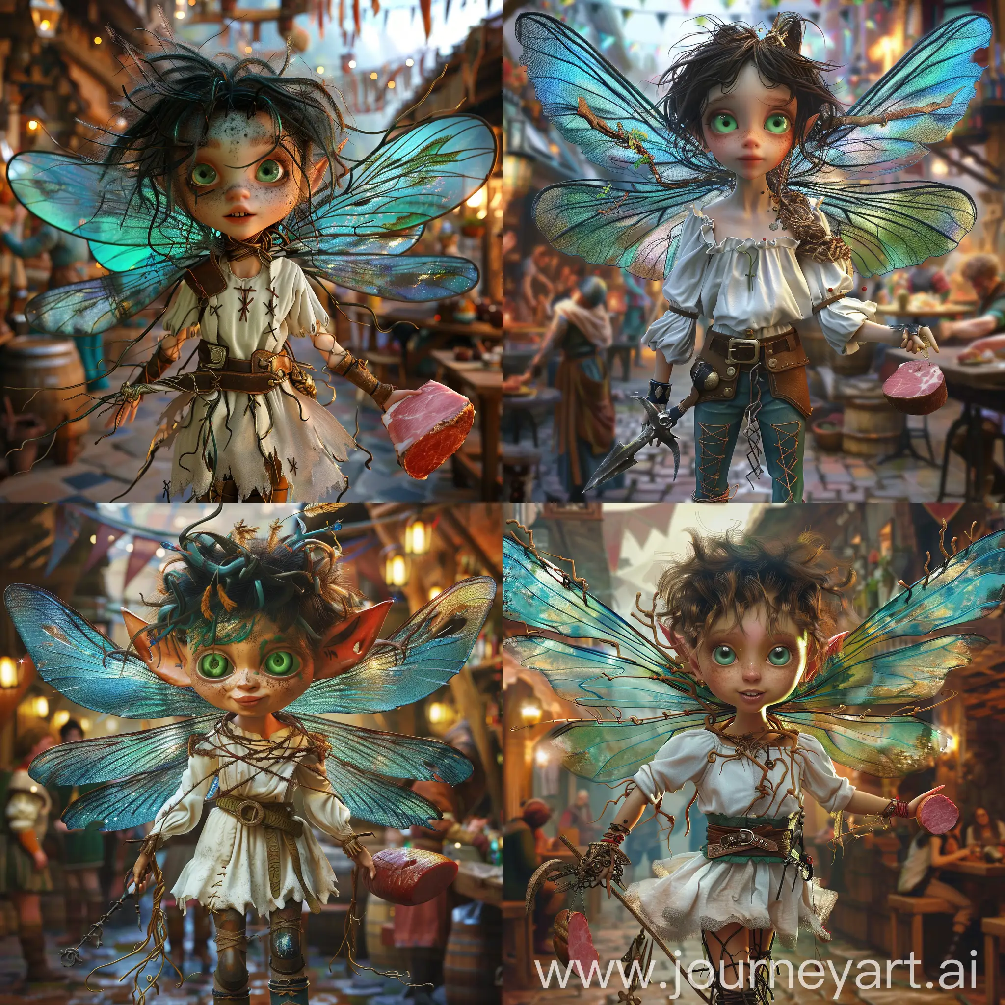fairy girl, beautiful large dragonfly wings of blue and green, wings look like a tangle of branches and leaves, has awkward and chaotic patterns on the wings, medieval clothes resemble a boy's clothes, wears her small sword more like a tangle of roots and metal threads on her belt, short ragged haircut mallet with one long curl falling on face, large round emerald eyes with a dark center, eyes full of joy and fun, eyes decorated with long eyelashes, small nose and round face, has a multicolored shiny skin color that has a slight iridescence, She is dressed in a white medieval shirt with flounces and leather shoulder pads, wears boots with small heels and leather trousers, cinematic lighting, a cheerful expression, flies against the background of a medieval crowded tavern, holds a pork ham in her right hand, looks hungrily and joyfully at a pork ham. Realistic fantasy style