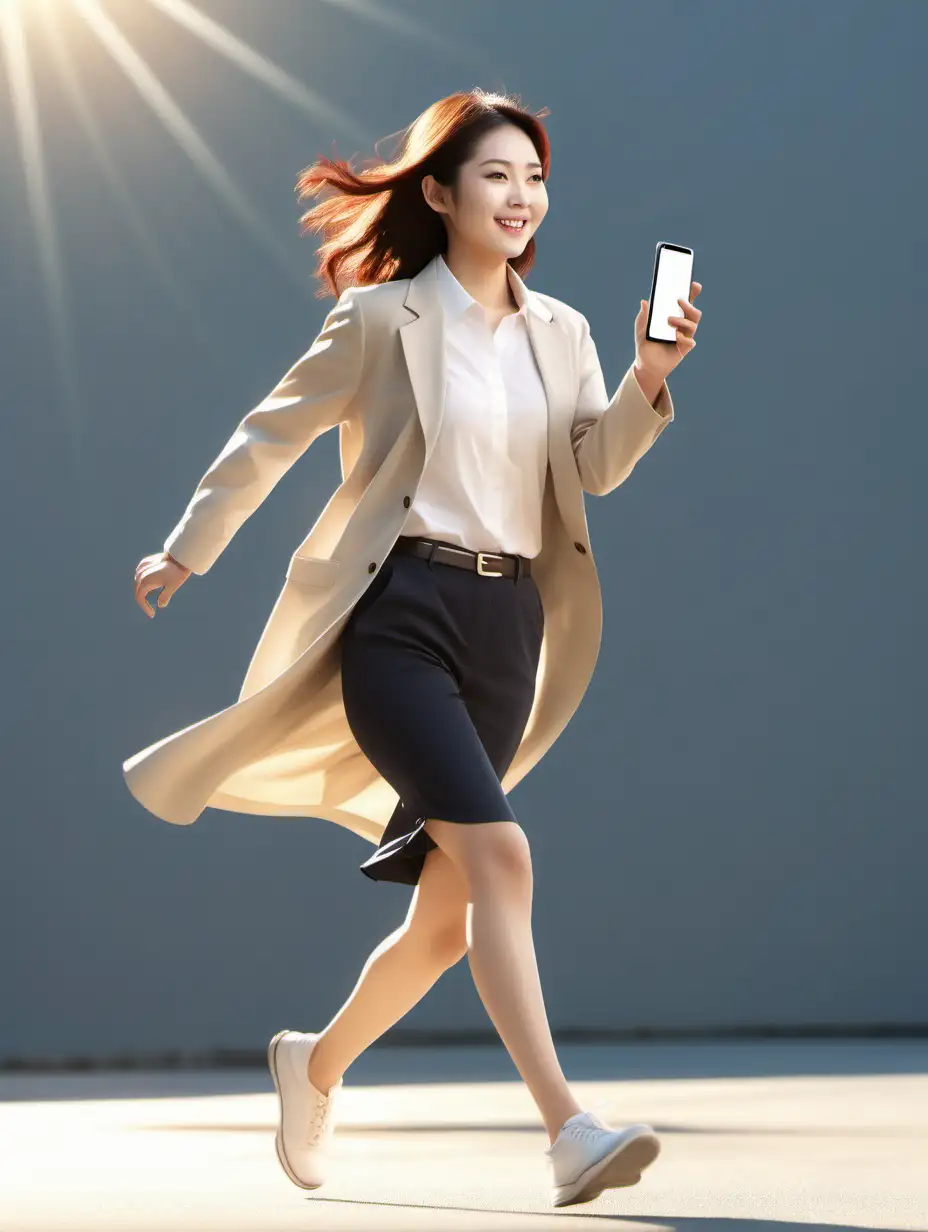 poster shot, east asian women wearing smart casual clothes and hand holding a smartphone running, eye contact to you, cheerful face, facing to the sun, 25 years old, side view, full body shot, golden hour lighting, 3d studio, japan poster style, ultra realistic photograph, heroes in action