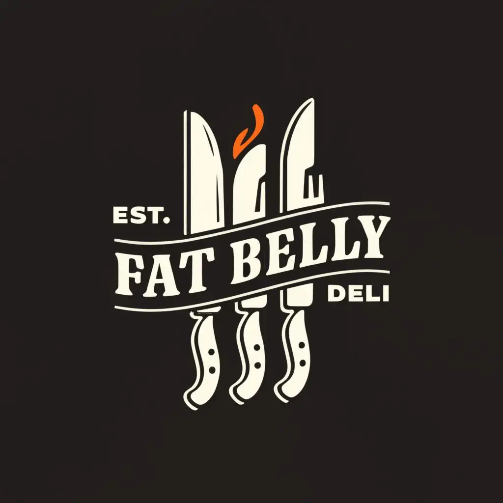 LOGO-Design-For-Fat-Belly-Deli-Culinary-Charm-with-Knife-Fork-and-Fire-Motif