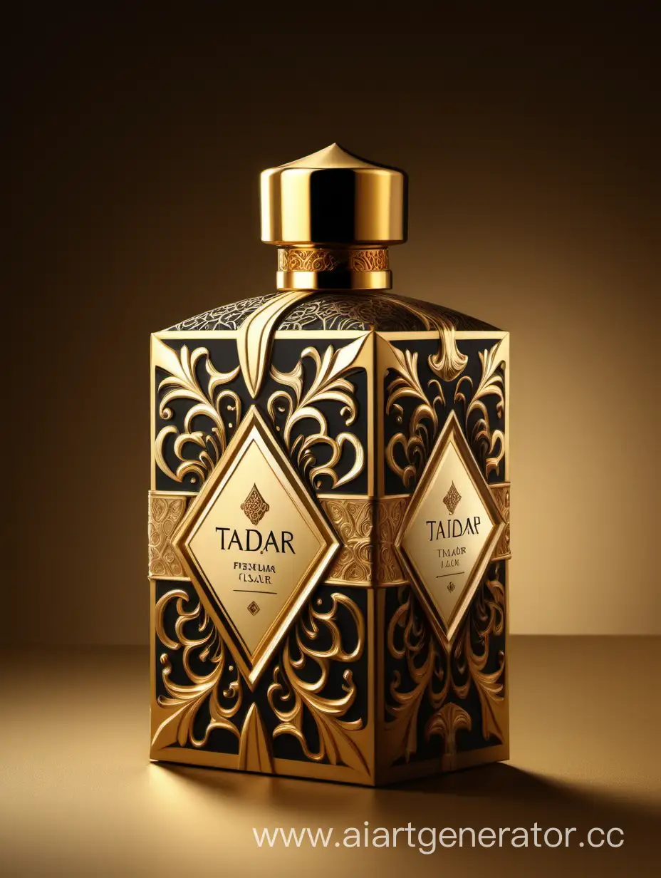 Box package design of perfume TAJDAR product, elegant, trending on artstation,   sharp focus,   studio photo,   intricate details,   highly detailed,   gold, Royal black and beige color on gold background