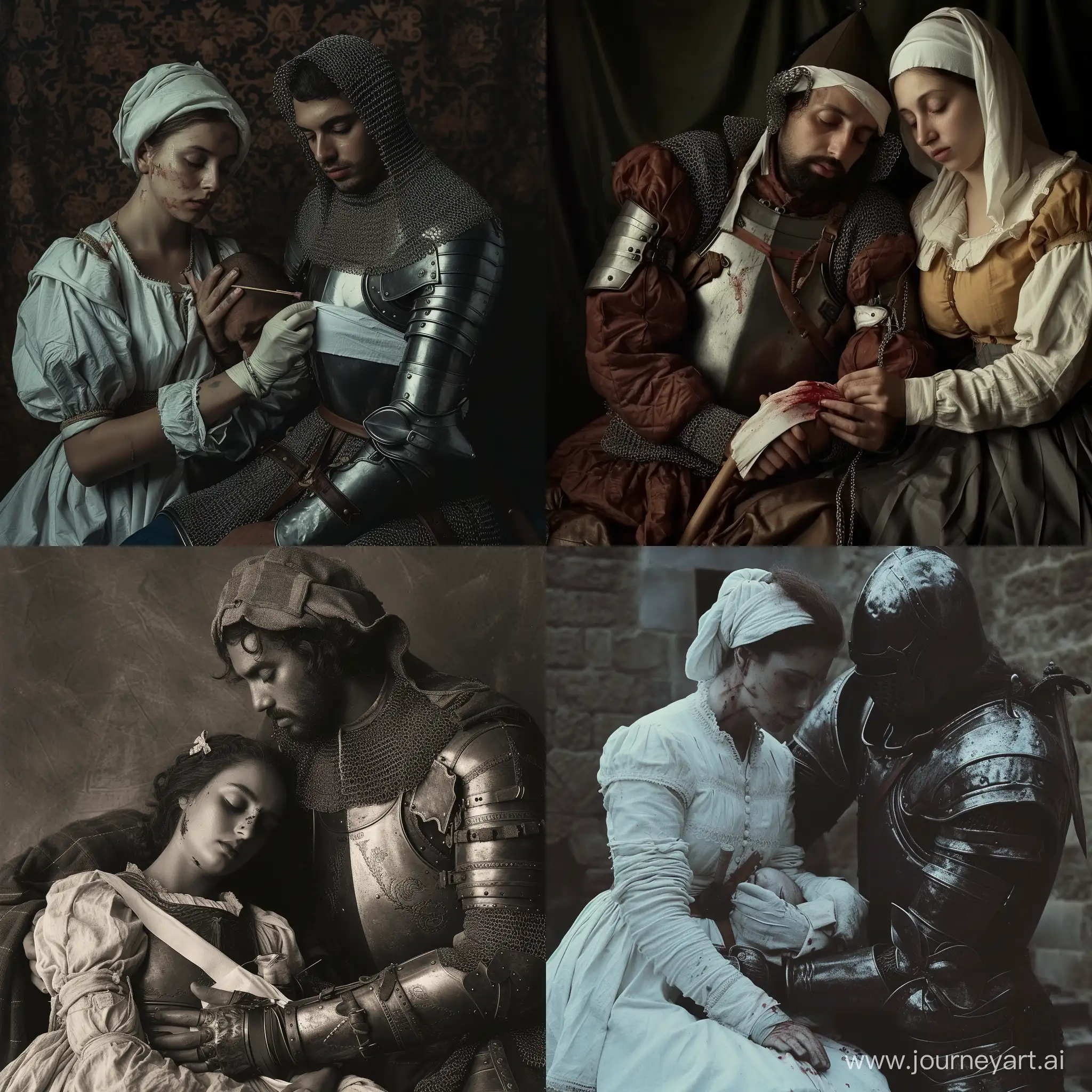 a nurse bandages a wounded warrior, 16th century, hyperrealism, sadness, 80s photography,