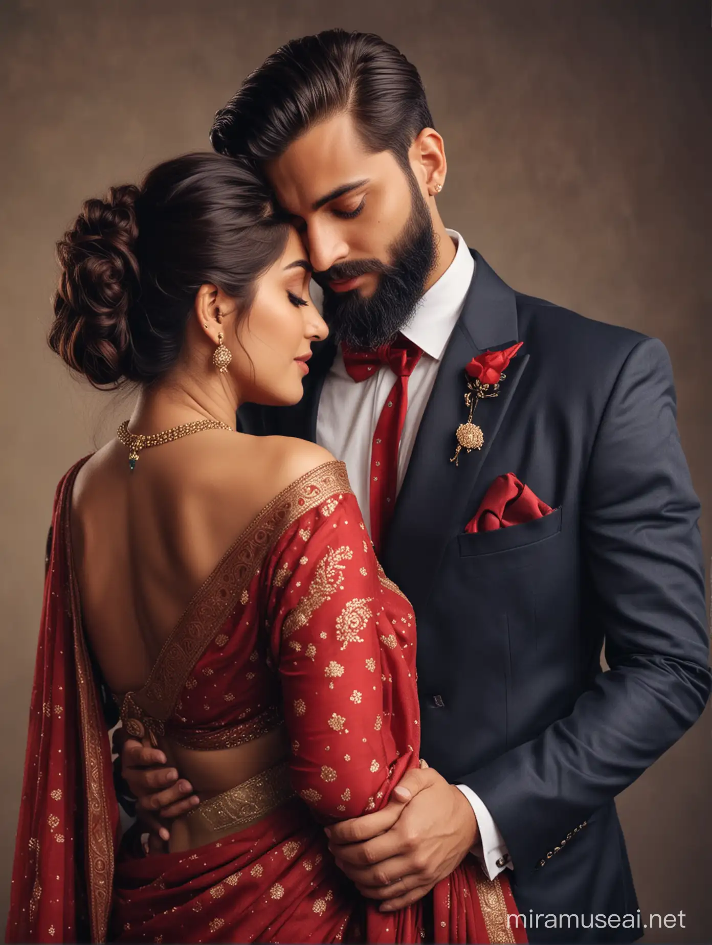 Embracing Indian Couple in Traditional Attire Romantic Moment Captured in Stunning Detail