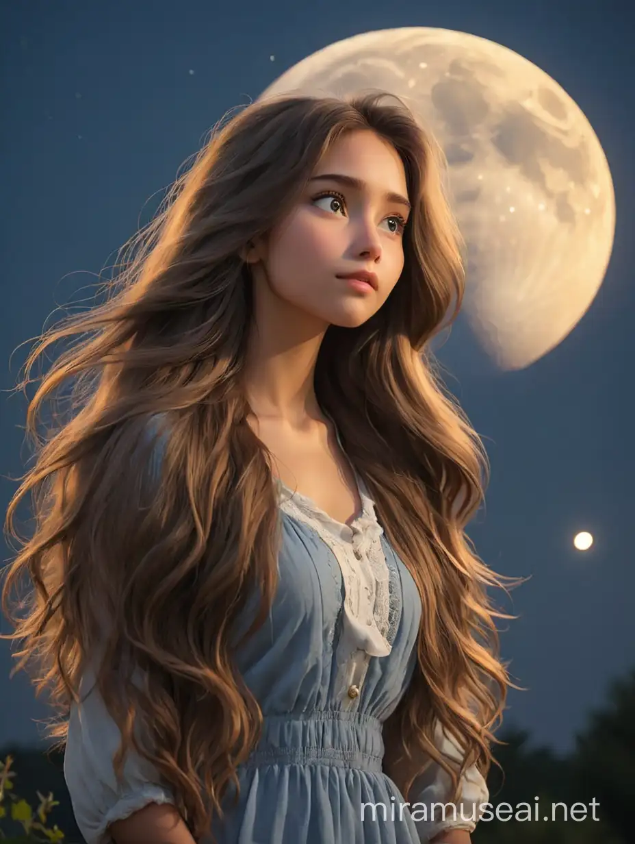 بنت جميلة بشعر طويل جدا تنظر الي القمر في المساء 