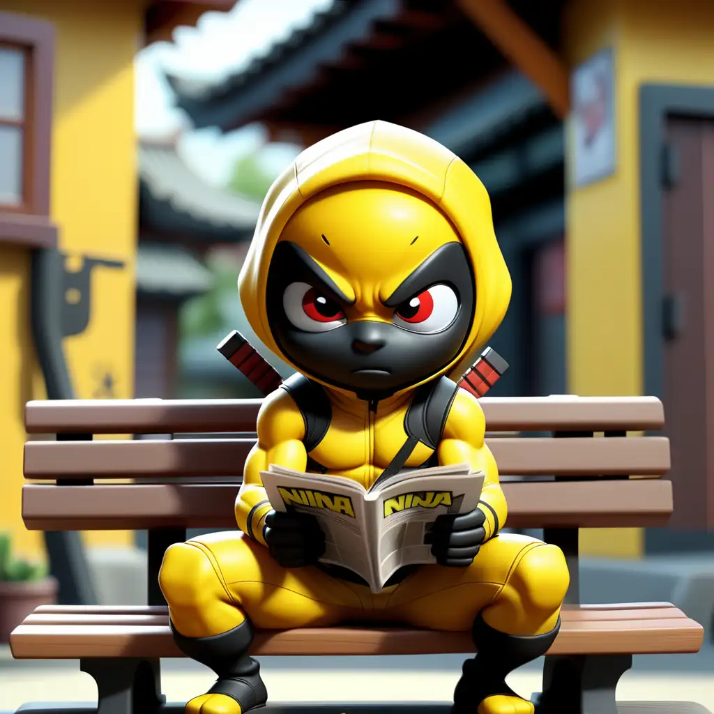 A cute yellow little ninja in cartoon style sits on a bench and looks into a magazine . Visually the ninja is similar to Deadpool

