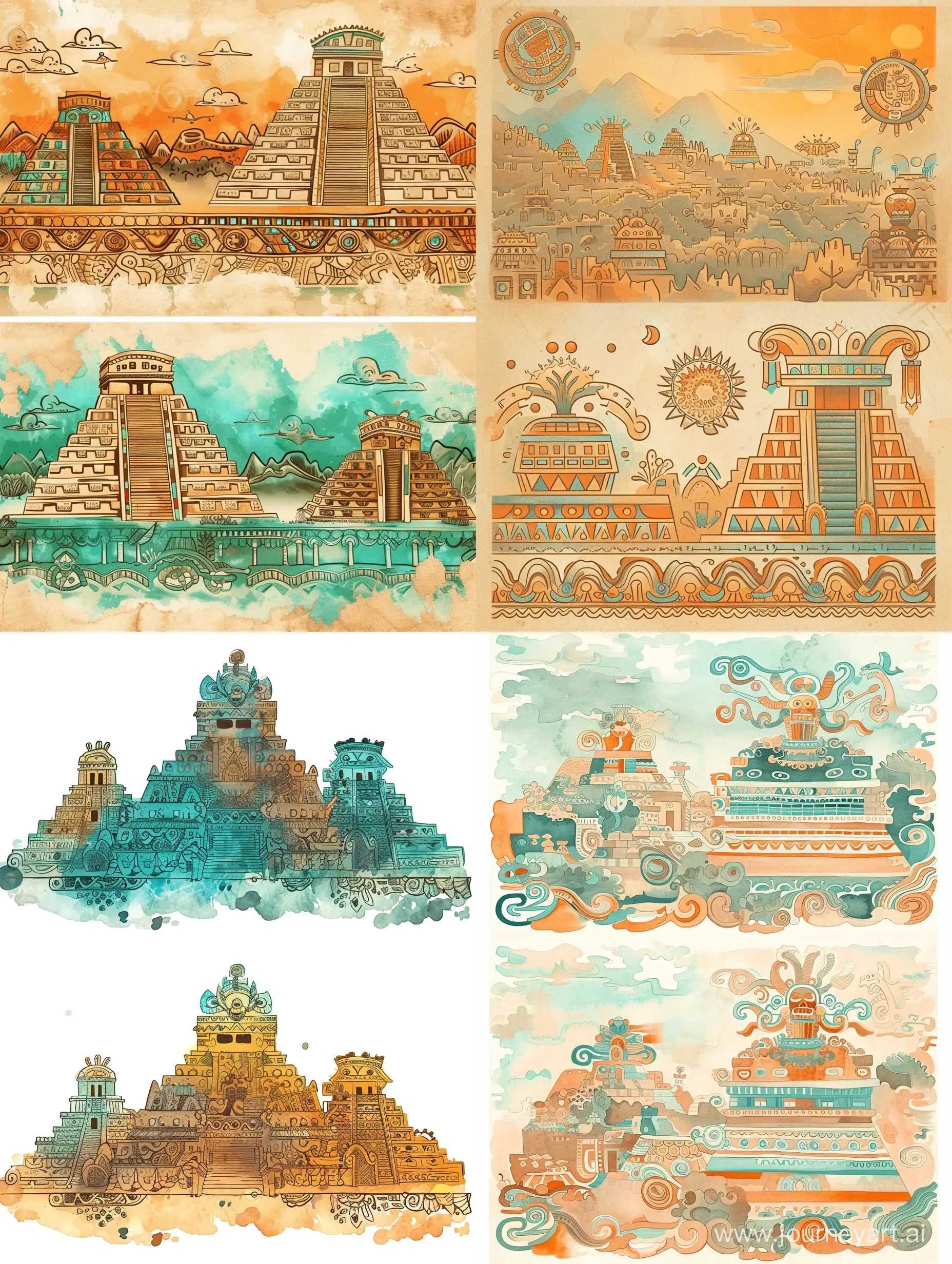 Two variants of the ornamental background, the landscape of the ancient civilization of Mexico, in the old style, delicate, transparent colors, linear, many details, colors of ochre, orange, turquoise, light brown, blue, stylized caricature, watercolor, decorative, flat drawing