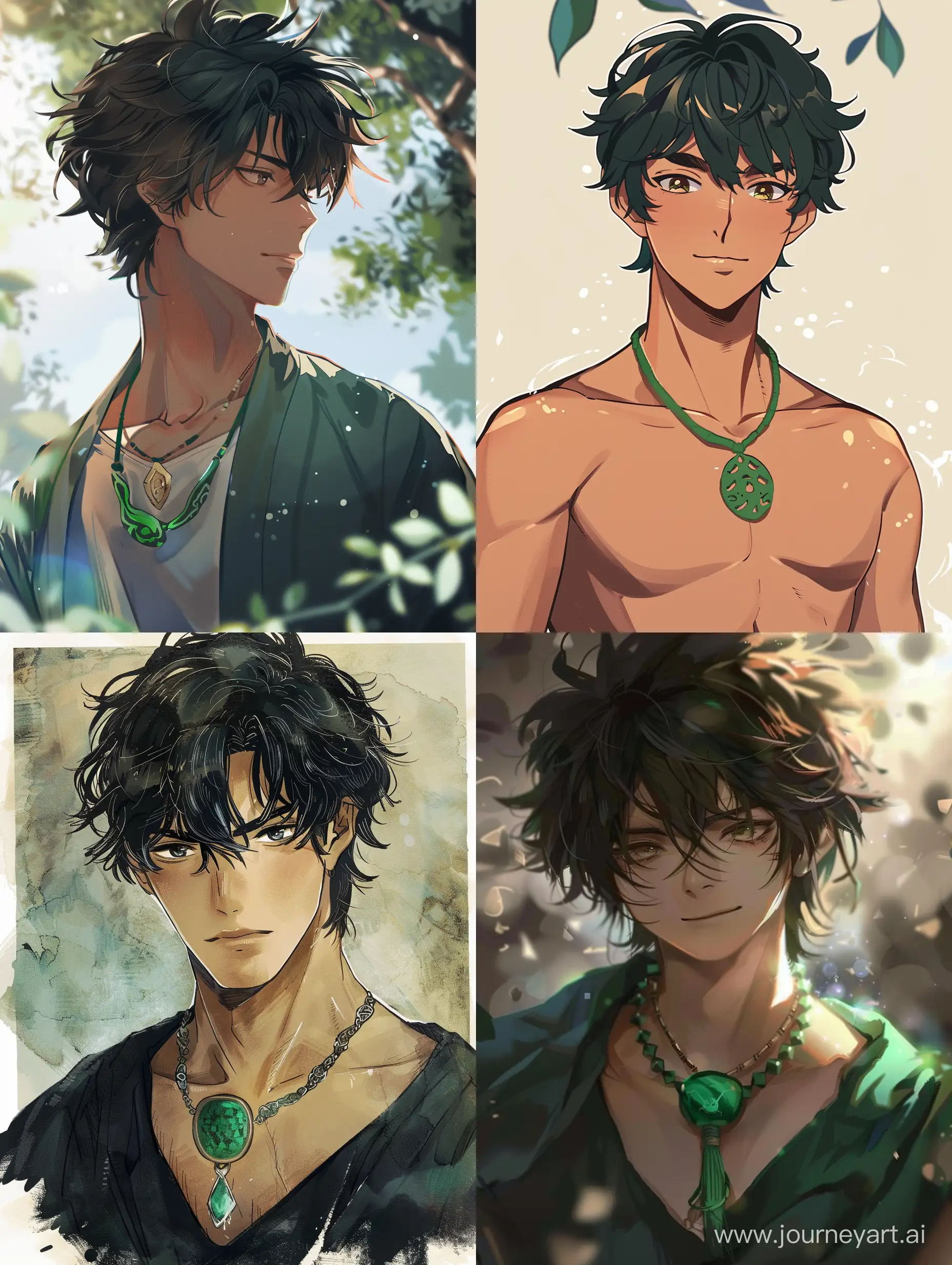 Isekai, boyfriend, 16, wearing a green amulet around his neck.