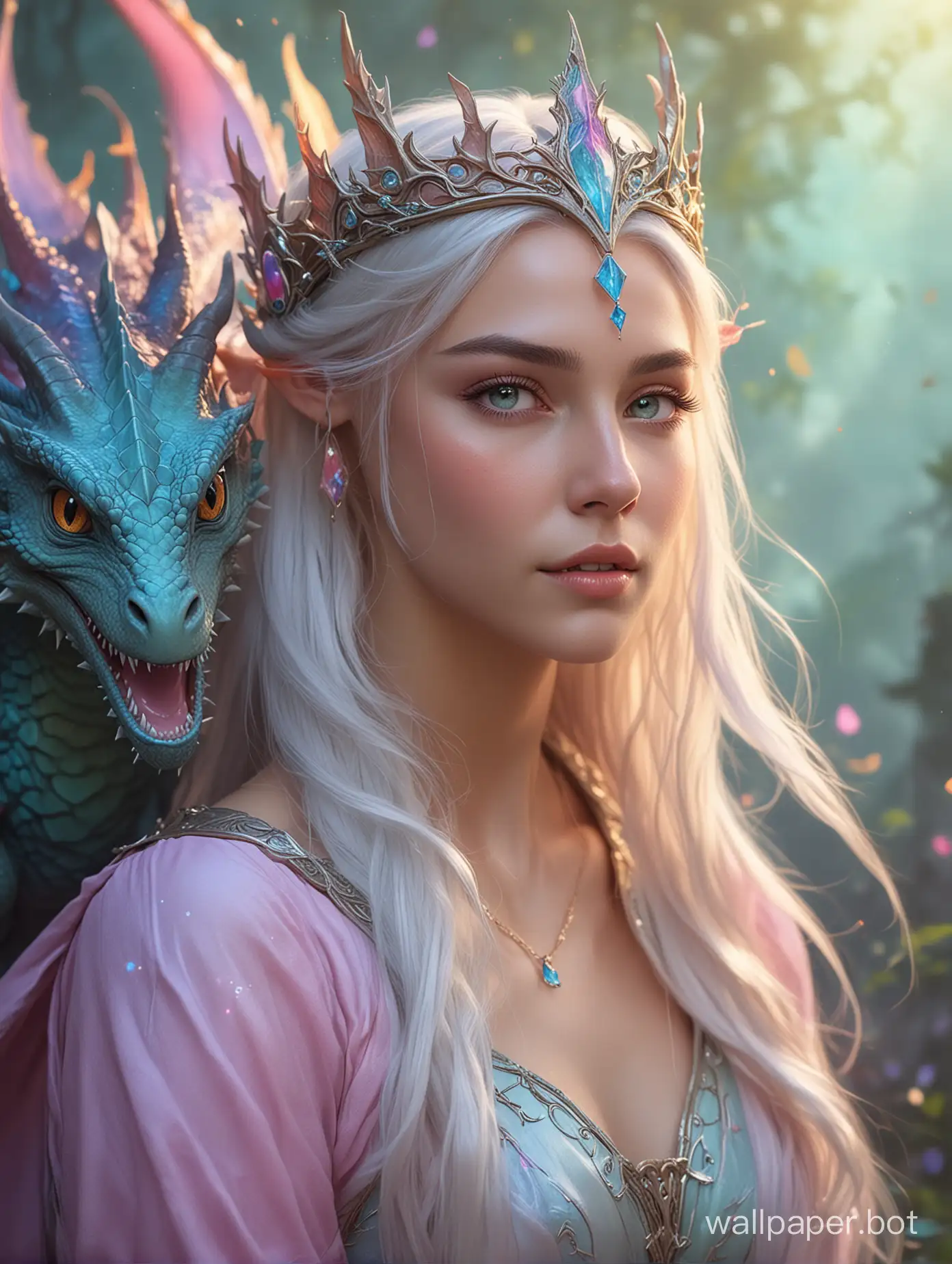 imagine a fantastic scene of a 21 year old female elven queen wearing a magical crown communing with a tiny dragon, use your unbounded creativity to create a magical realm of vibrant pastels and colors ,cinematic
