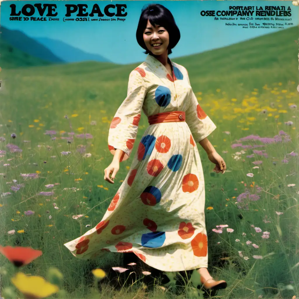 record sleeve for 1960s Japanese folk record, portrait of female singer, wearing a  Oscar de la Renta  -style maxi dress, she is walking in a spacious meadow of wild-flowers, bright and happy, record called “Love Peace” , company logo and markings, somewhat worn condition