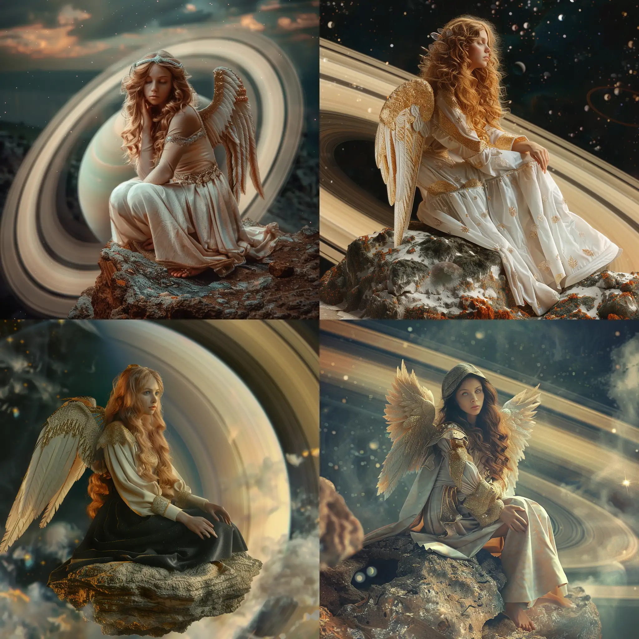 A beautiful medieval woman with angel wings sitting on a rock that forms part of Saturn's rings. Beautiful magical mysterious etheral fantasy highly detailed