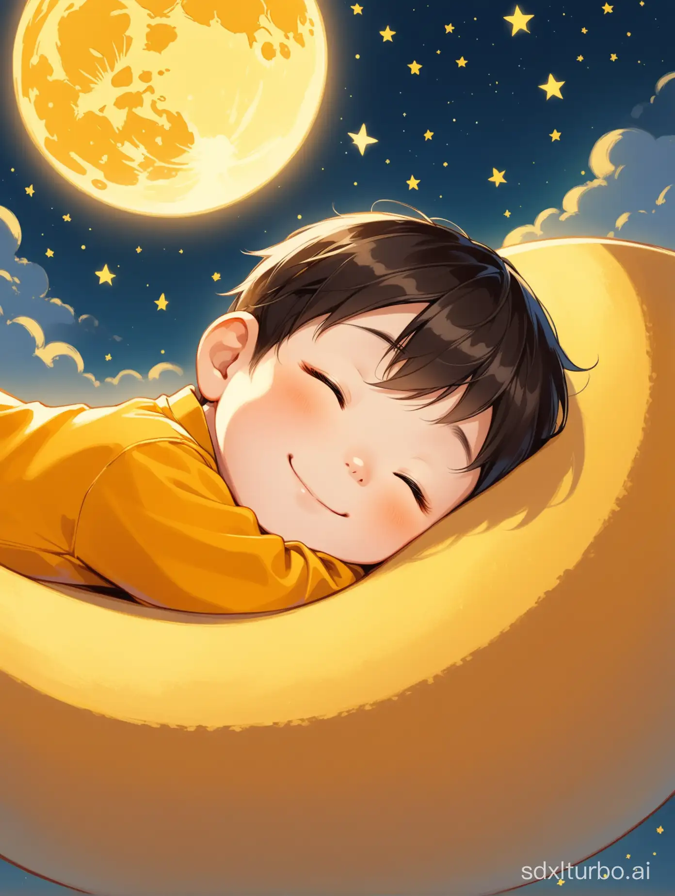 The cute seven-year-old Chinese boy lies sideways on the curved, yellow moon, with a smile on his face, sleeping soundly.