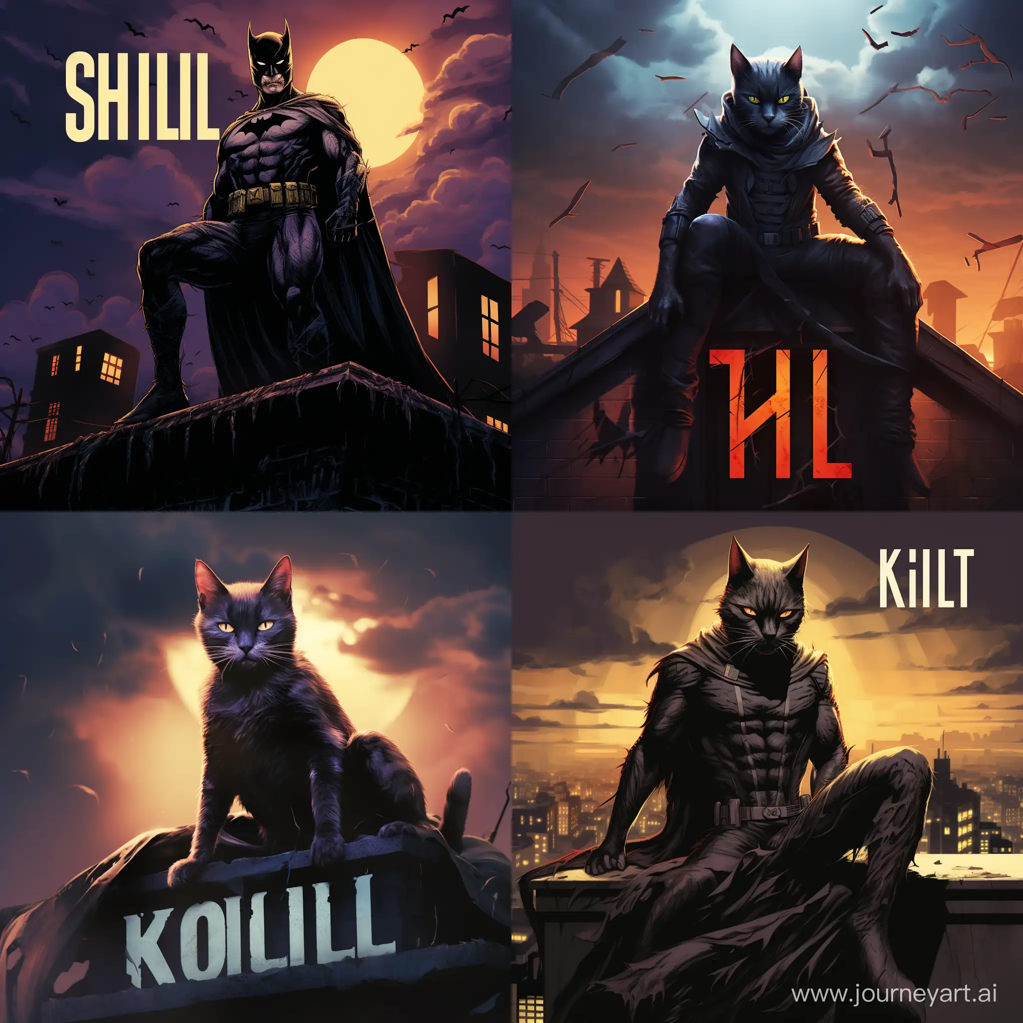 Кот который сидит на крыше домов ночью в костюме Бэтмена и с зади него написано  большими буквами skill 
. Всё в виде Постера И более 
 ралестичнее 