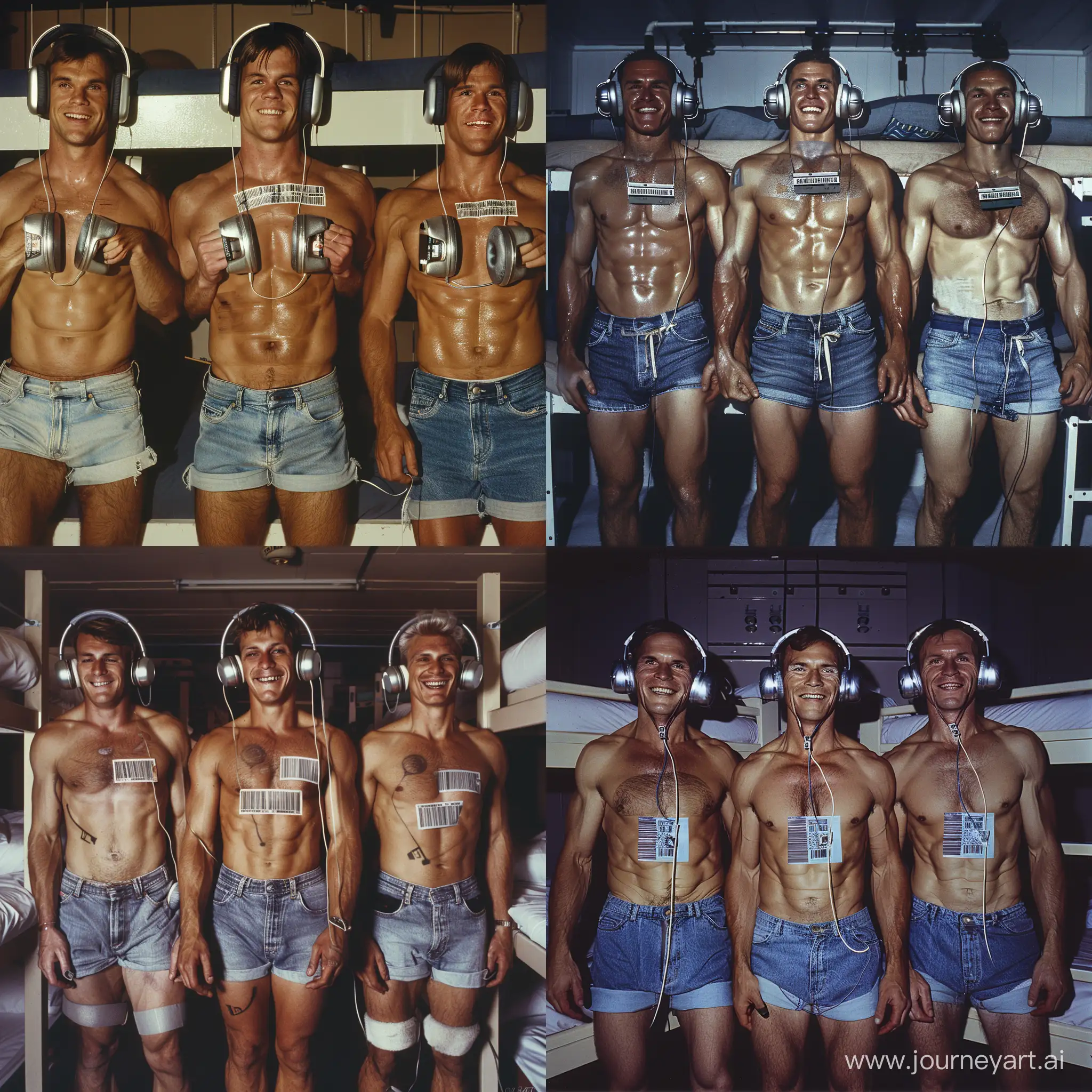 Handsome muscular middle-aged men each wear silver headphones and fitted denim cutoff shorts, dazed smiles, small barcode attached to each man's chest, 1980s youth hostel dormitory bunkbed setting, facing the viewer, mass indoctrination, color image, hyperrealistic, cinematic