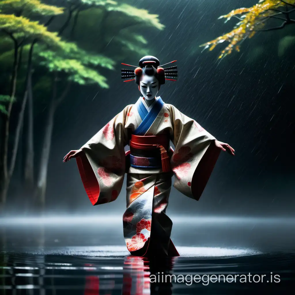 Noh-Masked-Female-Kimono-Dancer-Performing-Mysterious-Rainy-Spiritual-Ceremony-on-Water