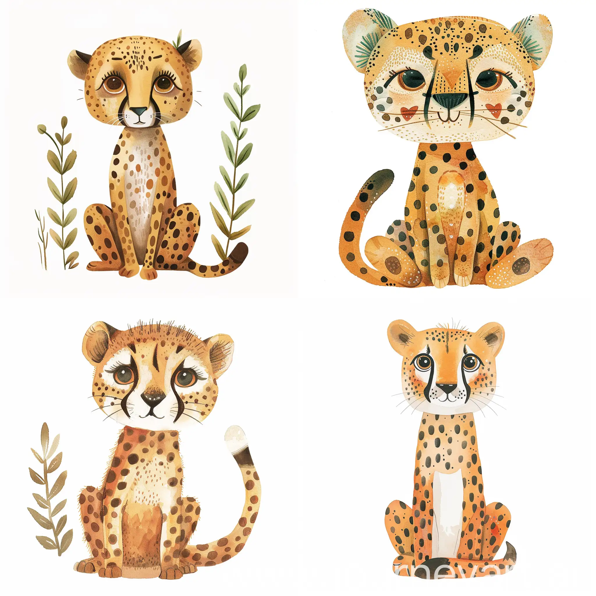 very cute [ kawaii Cheetah ] clipart, organic forms, in the style of collaboration by Jon Klassen and Oliver Jeffers desaturated light and airy pastel color palette, nursery art, white background