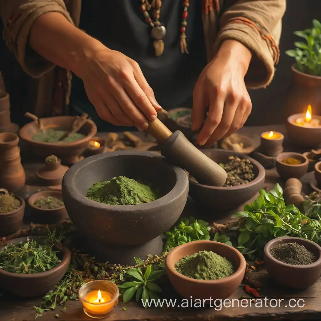 close up young shaman's hands are holding pestle and mortar pounding herbs for a potion, there are herbs and powders on a table beside, warm colors, lights of a sun