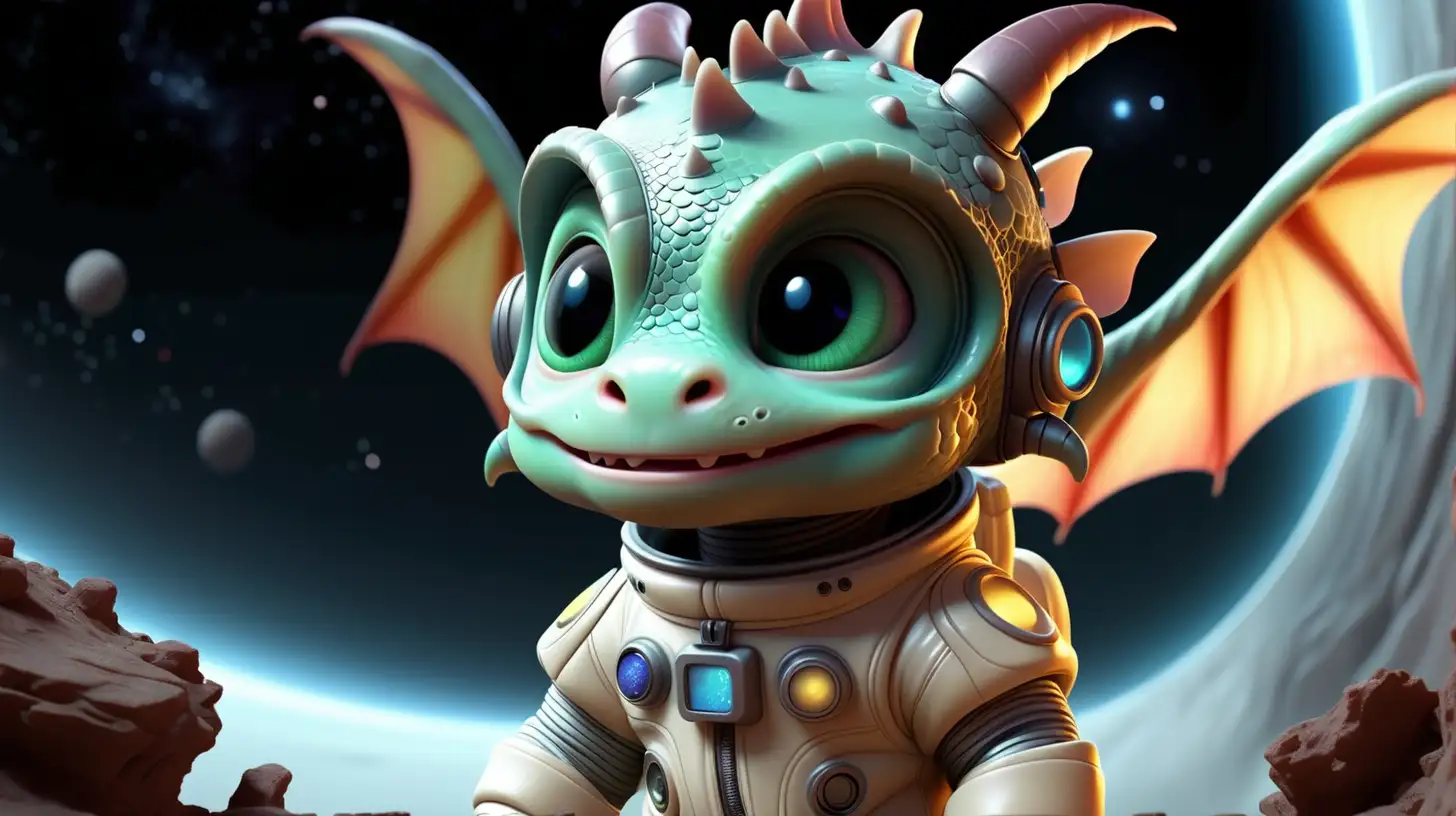 Animated cute baby dragon in an adorable space suit staring at the sky