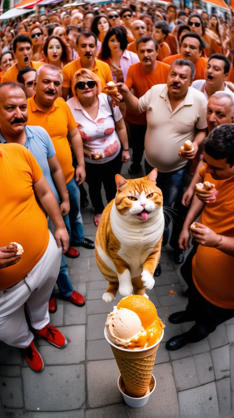 Fat Cat Buying Turkish Ice Cream Surrounded by Many People