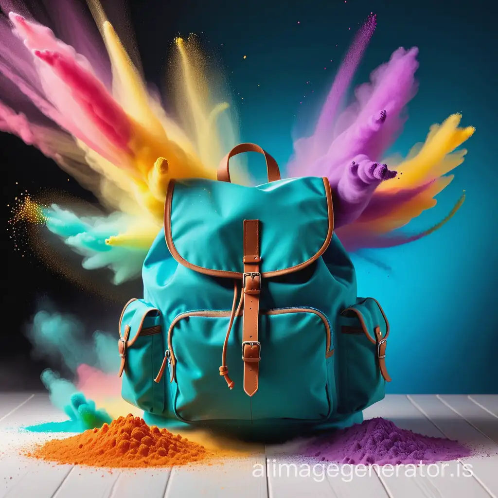 make me a photo with a product backpack image throwing color dust behind it, without a person or any watermarks