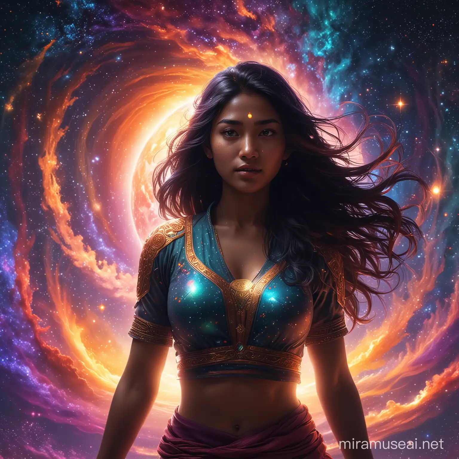 a person mix asian indian increasing Vibration & experiencing Uncover Underlying Beliefs, and being surrounded by beautiful colors, universe or galaxy imagination. backlight photography, CG characters, 32K, high resolution, super-realistic