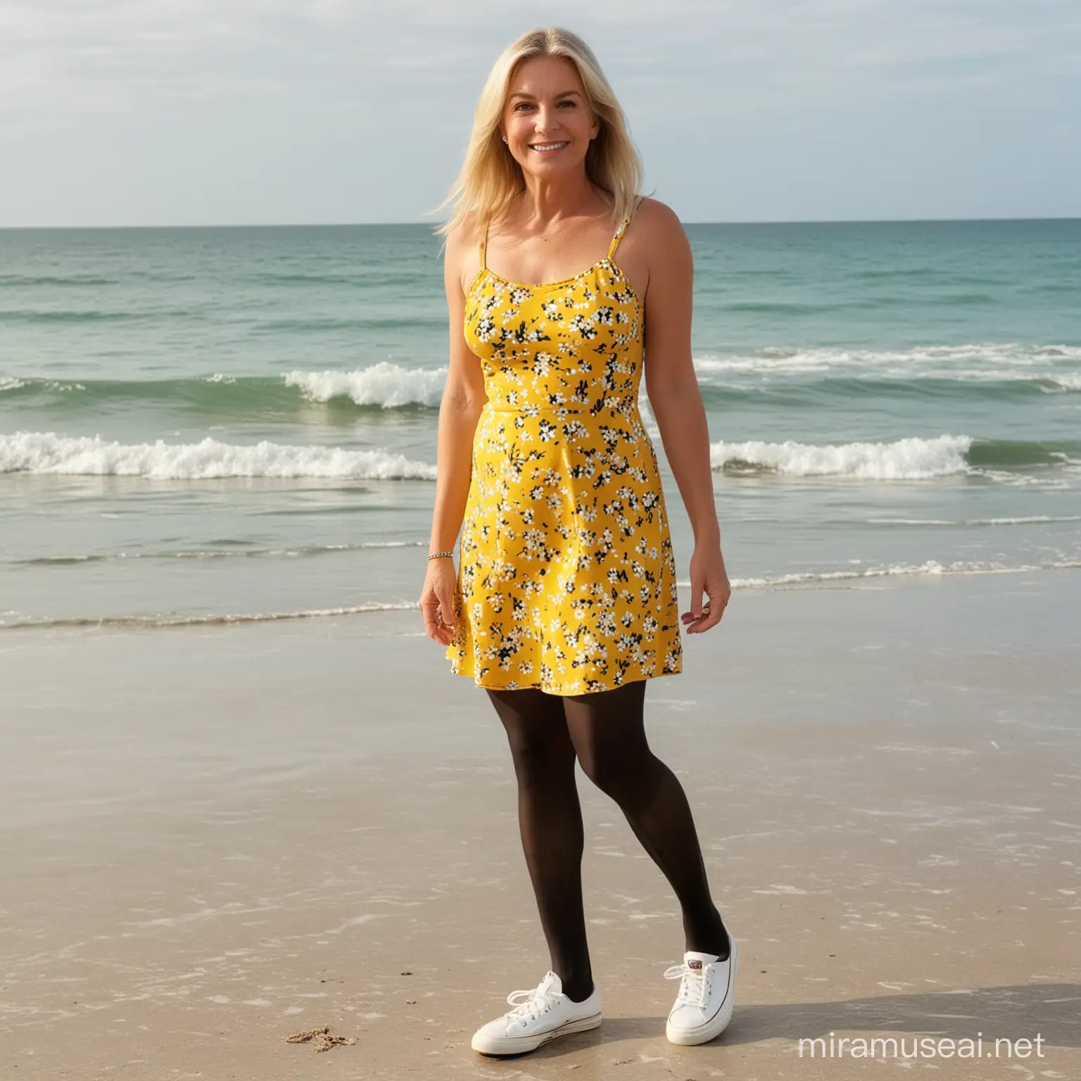 55 year old lady, mid-length straight blonde hair, small boobs, wide hips, shiny black pantyhose, nylon tights, wearing yellow, flower sundress, white keds sneakers,standing on sandy Florida beach