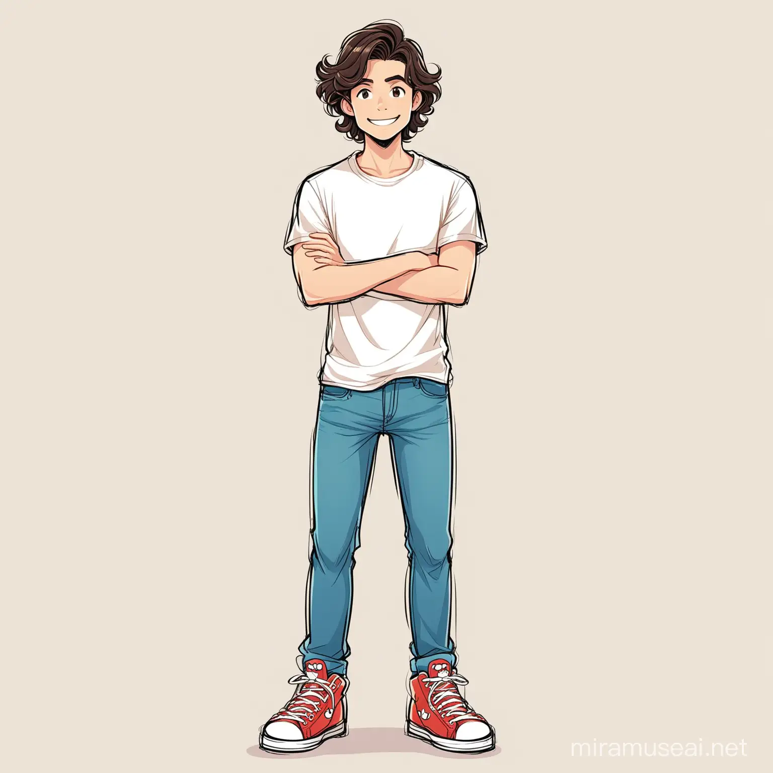 a full body illustration of a tall, slender, fair skinned young adult man, full head of dark brown wavy hair, front facing, smiling, crossed arms, wearing a tshirt, jeans, and sneakers. On a plain white background. draw in disney style.