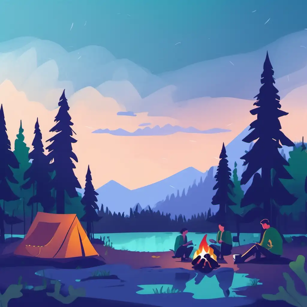 Add 4 people working together on the right sitting around a campfire. Have a small tent in the background of the image. Similar style to the image submitted with different shades of green trees.