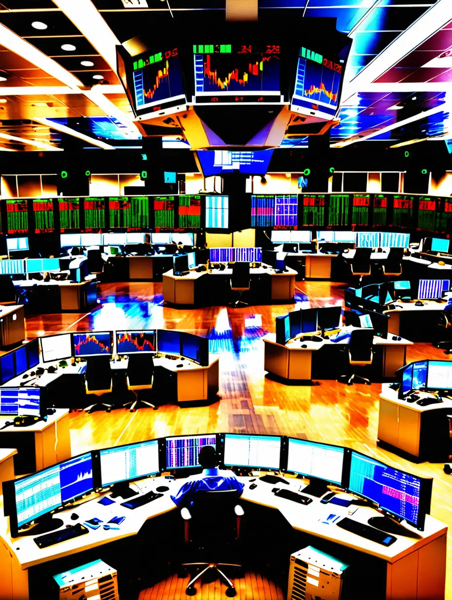 Busy Financial Trading Floor with Traders Analyzing Market Trends