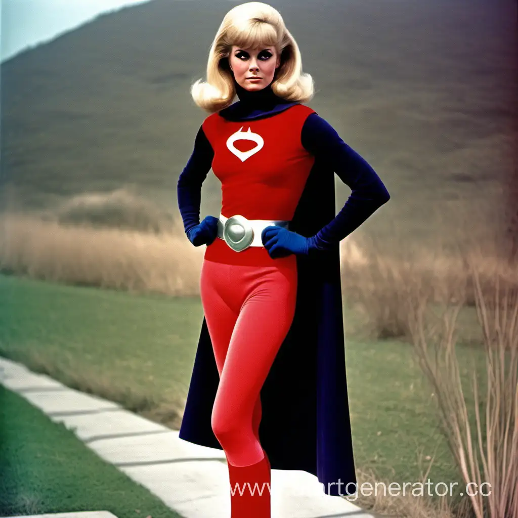 1966 superhero, blonde, actress, red spandex, red tights, boots, silver belt, black cape, color photo, hands on hips