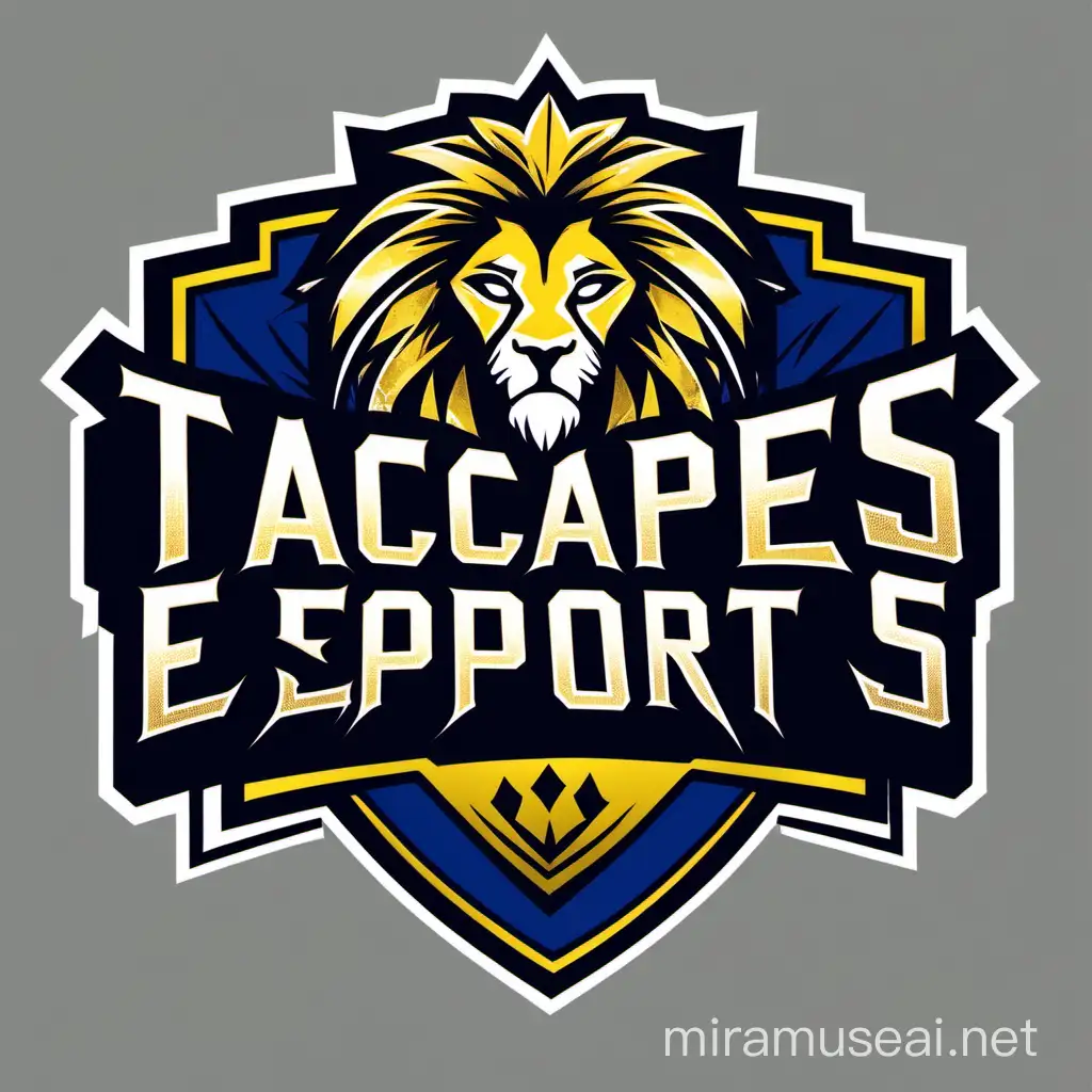 logo of a club named "tacapes esports" whrite in a circeled form with a dark blue black and gold colored lion on it