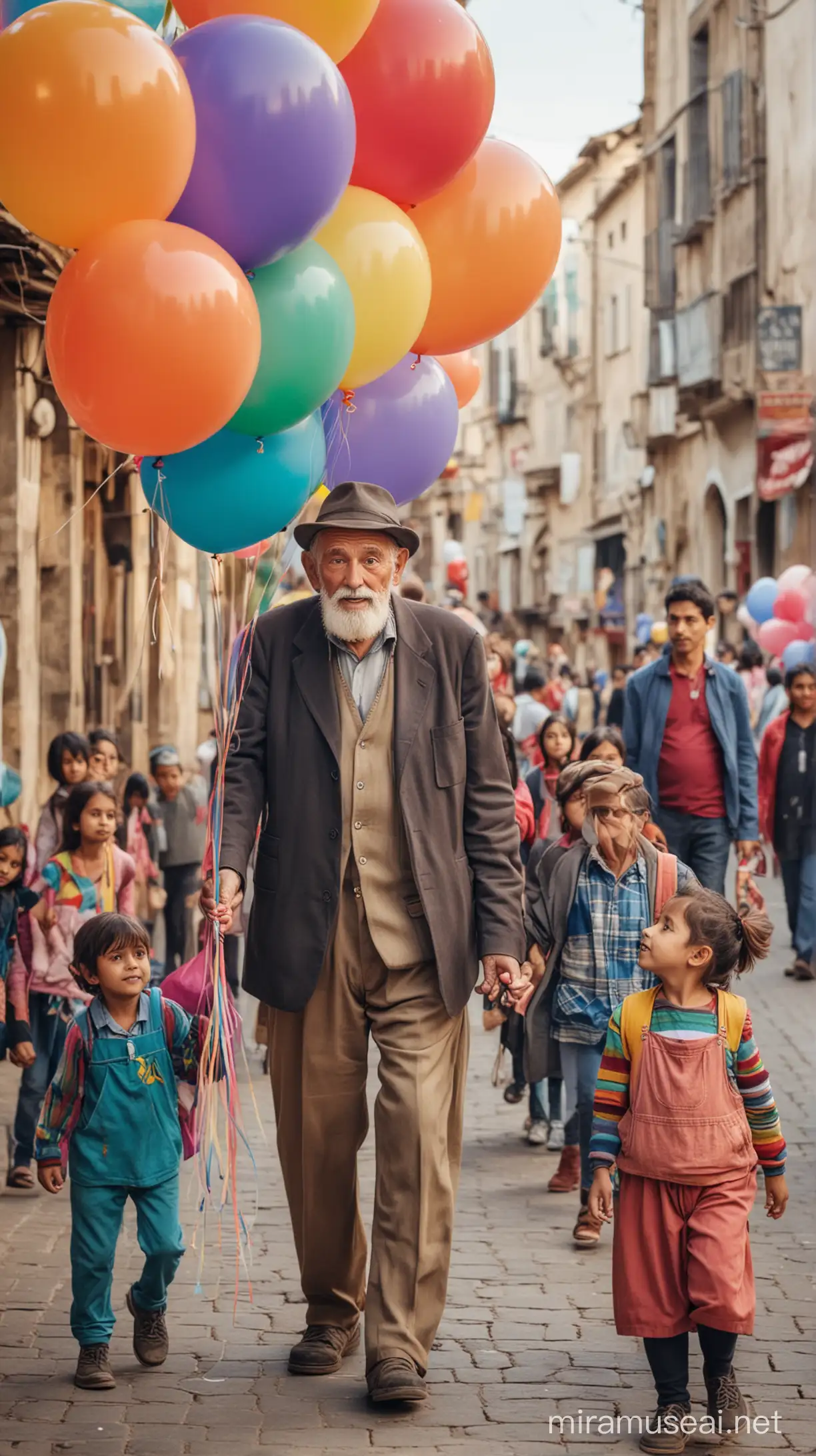 An old man selling colorful baloons and children around him purchasing