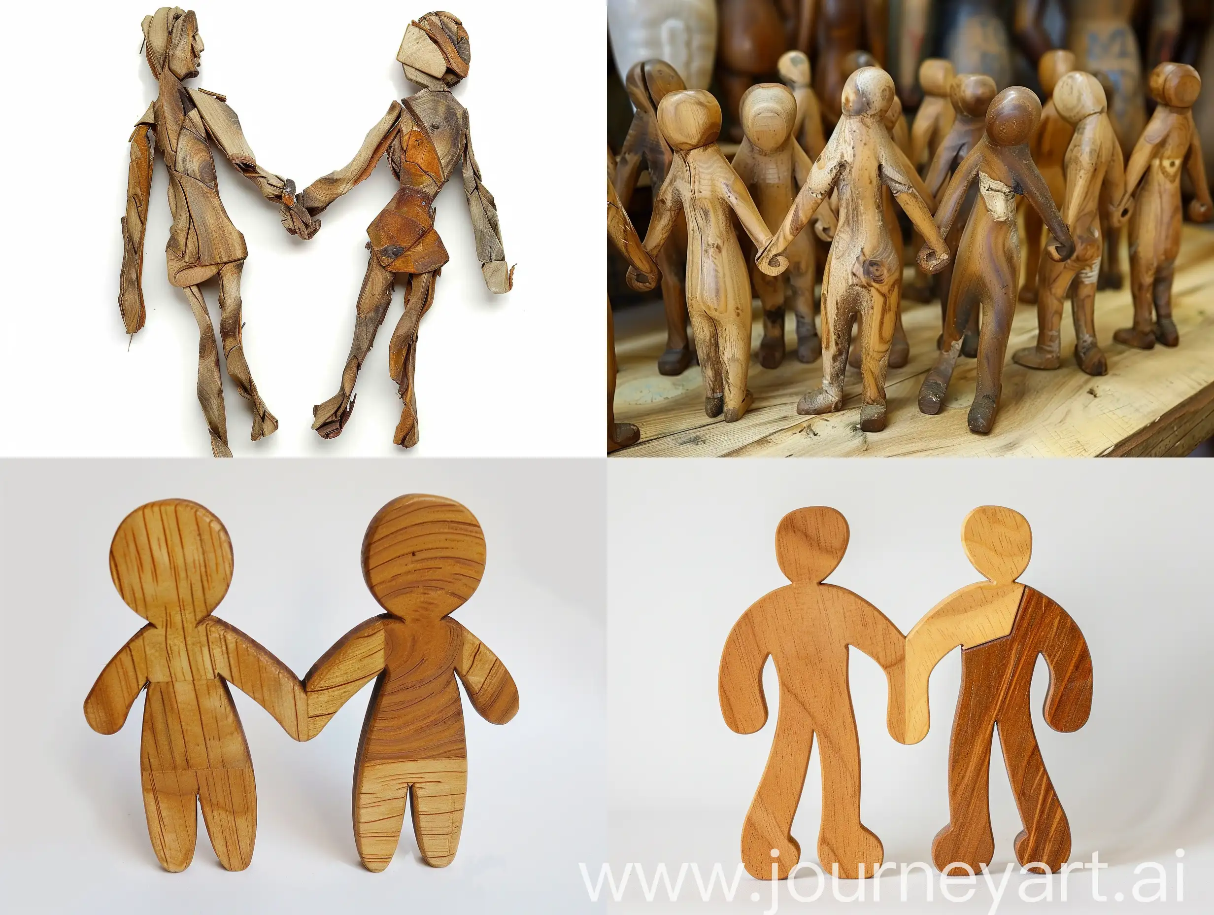 Wood people holding hands 