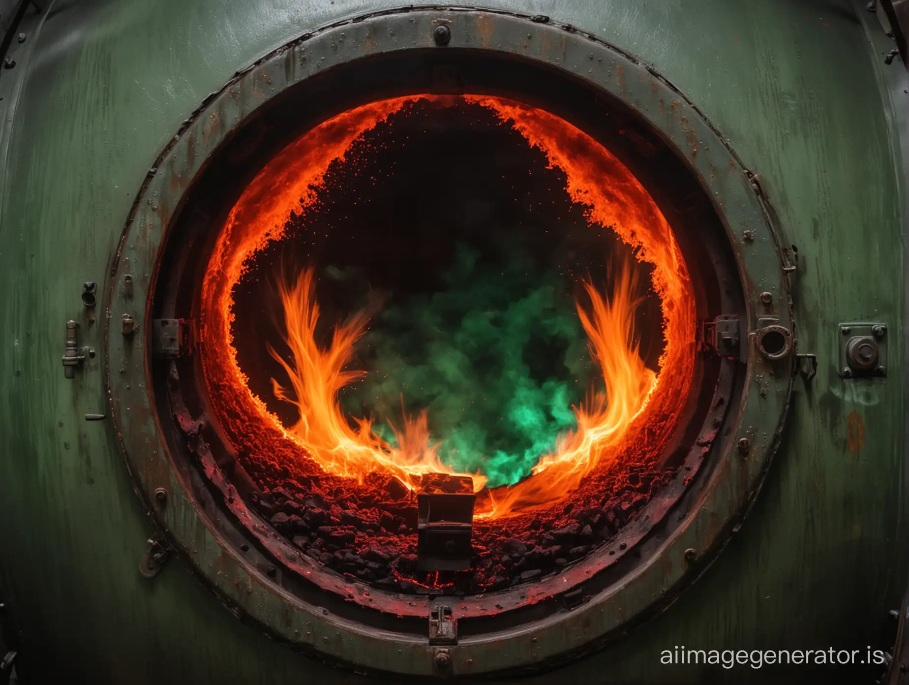 DnD green and red flames seen through a porthole of a boiler tank.