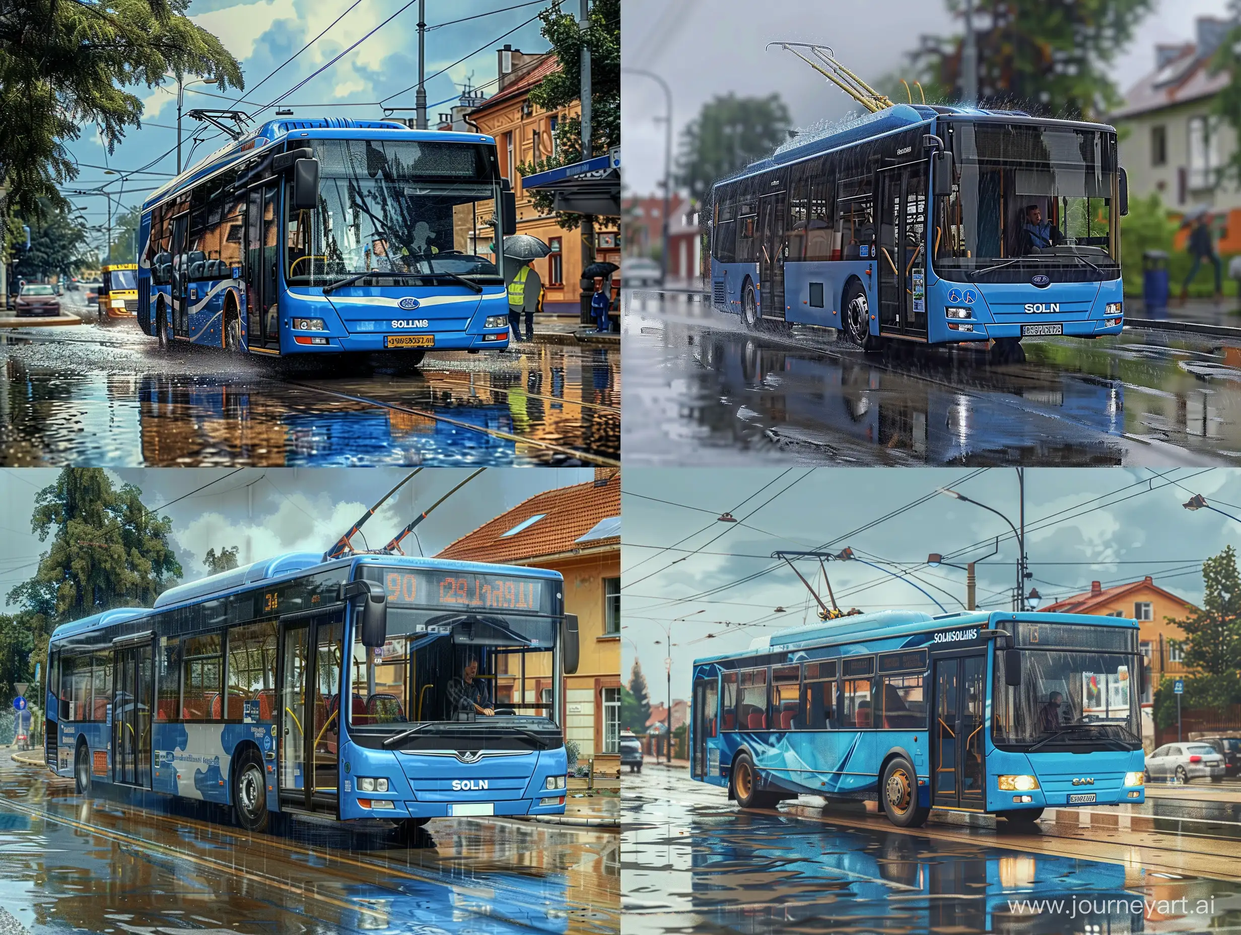 A typical blue Solaris bus on the street of Polish city Wejherowo. Photorealistic. Rainy summer day.