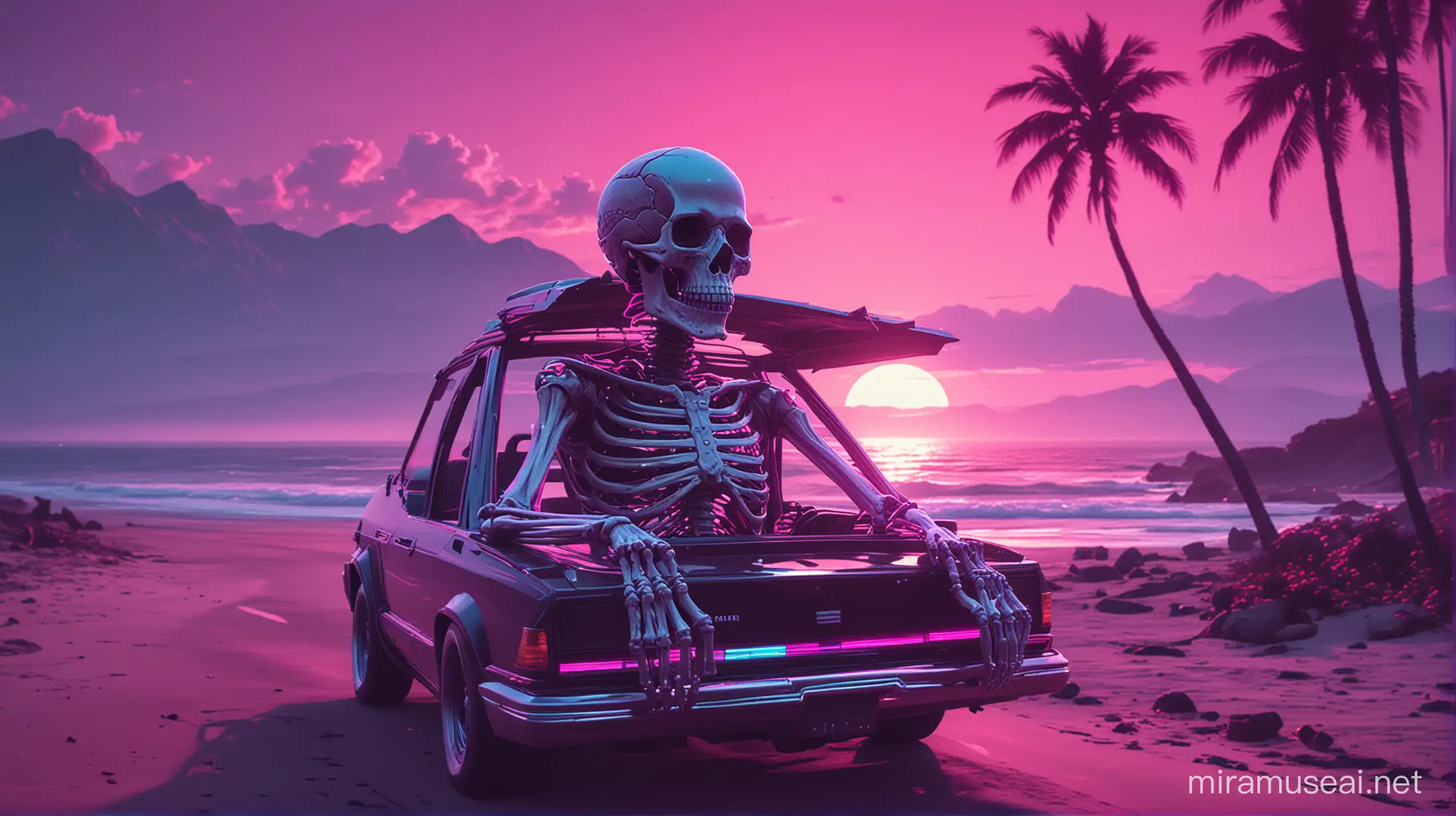 Synthwave aesthetic skeleton driving by the beach