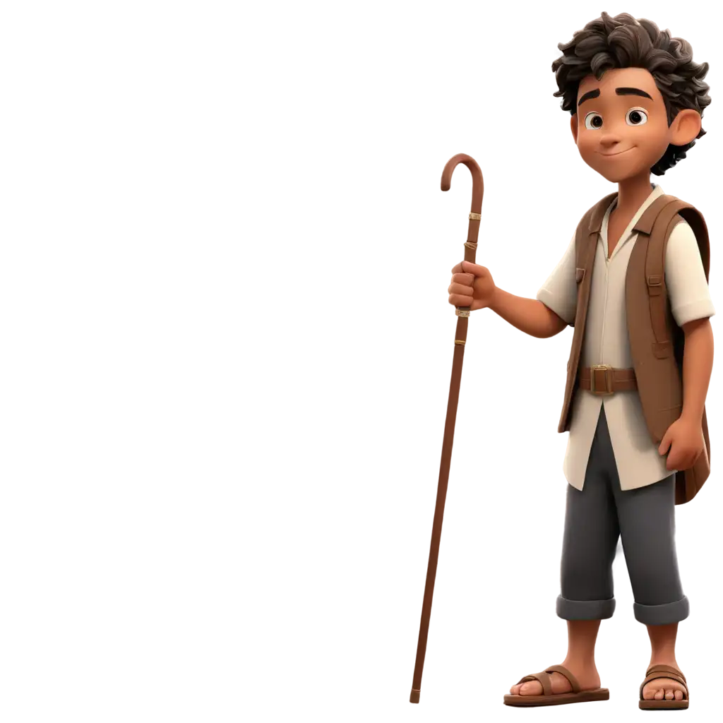 cute cartoon character, Moses boy with his cane, plain clothing, leather sandals,