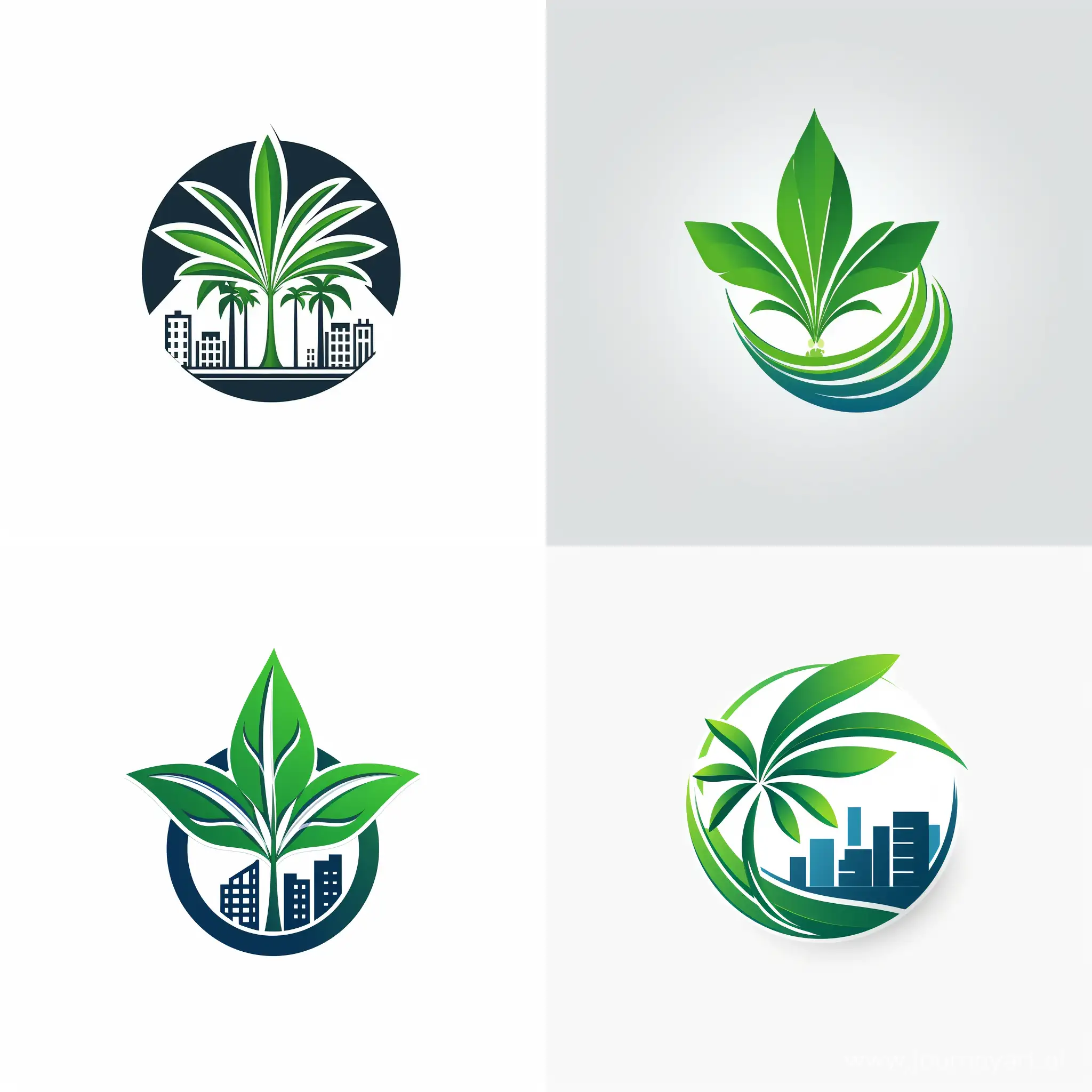 Design a logo as a symbol for a smart and green city, incorporating an octagonal star to represent modernity and advancement. Utilize a combination of a leaf and a palm tree to integrate green and sustainable elements, reflecting the smart and eco-friendly nature of the city. Ensure that the logo conveys a sense of technological innovation while transforming it into a symbol of a vibrant and sustainable urban life